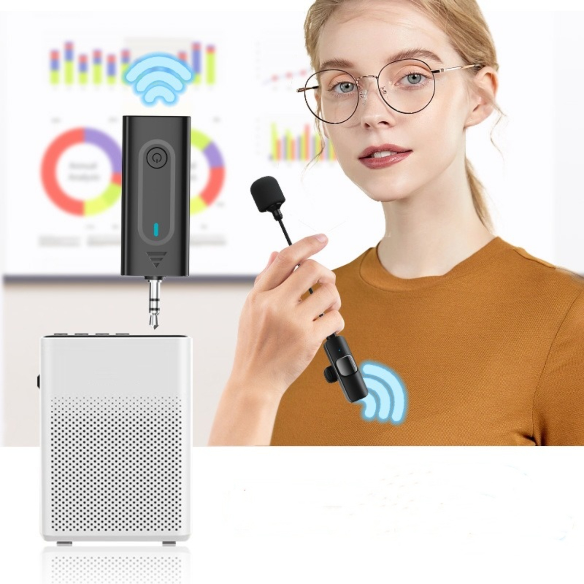 Frau mit Brille und Mikrofon. Drahtloses Mikrofonsystem und Lautsprecher.