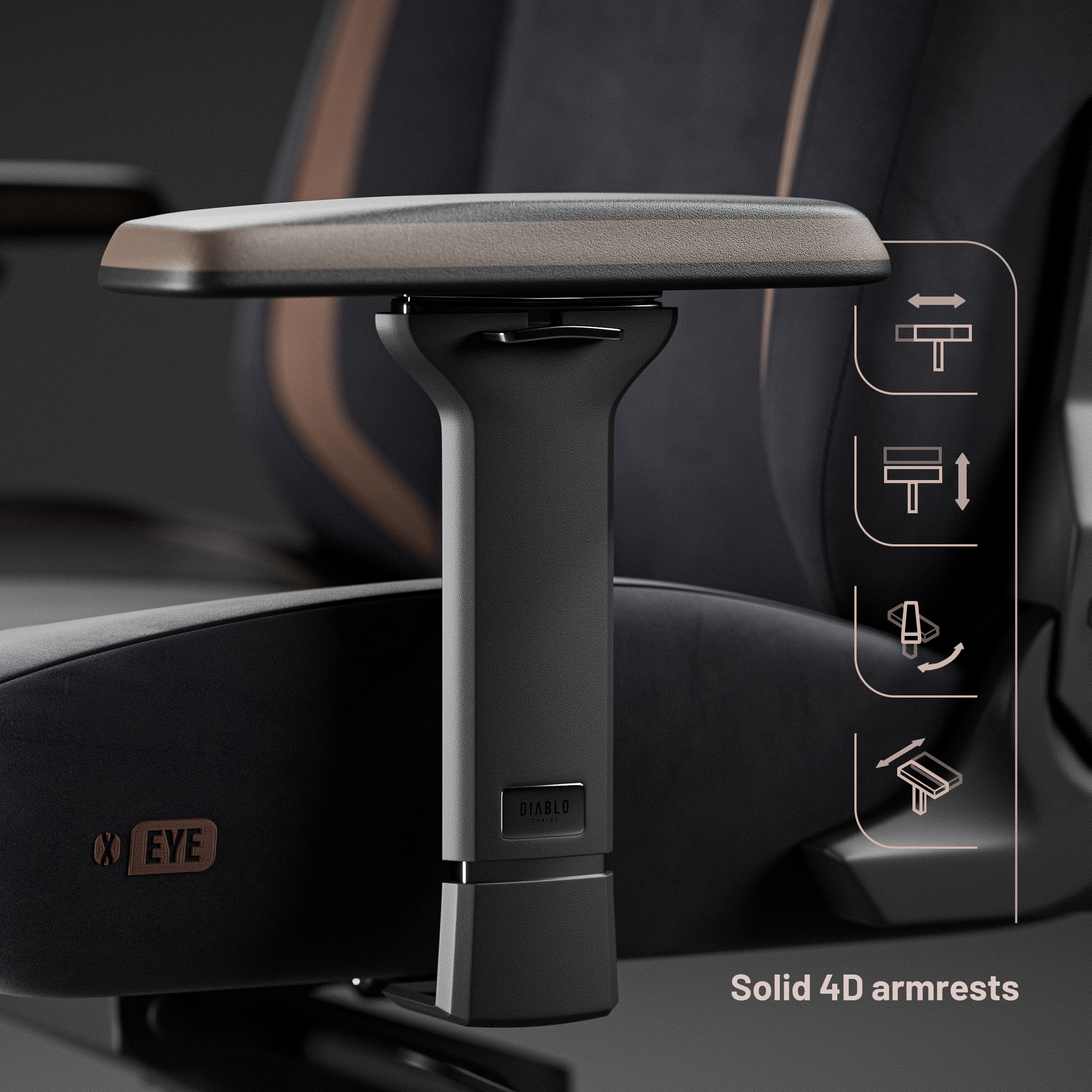 Zbliżenie czarnego podłokietnika fotela do gier. Pokazano solidne podłokietniki 4D.