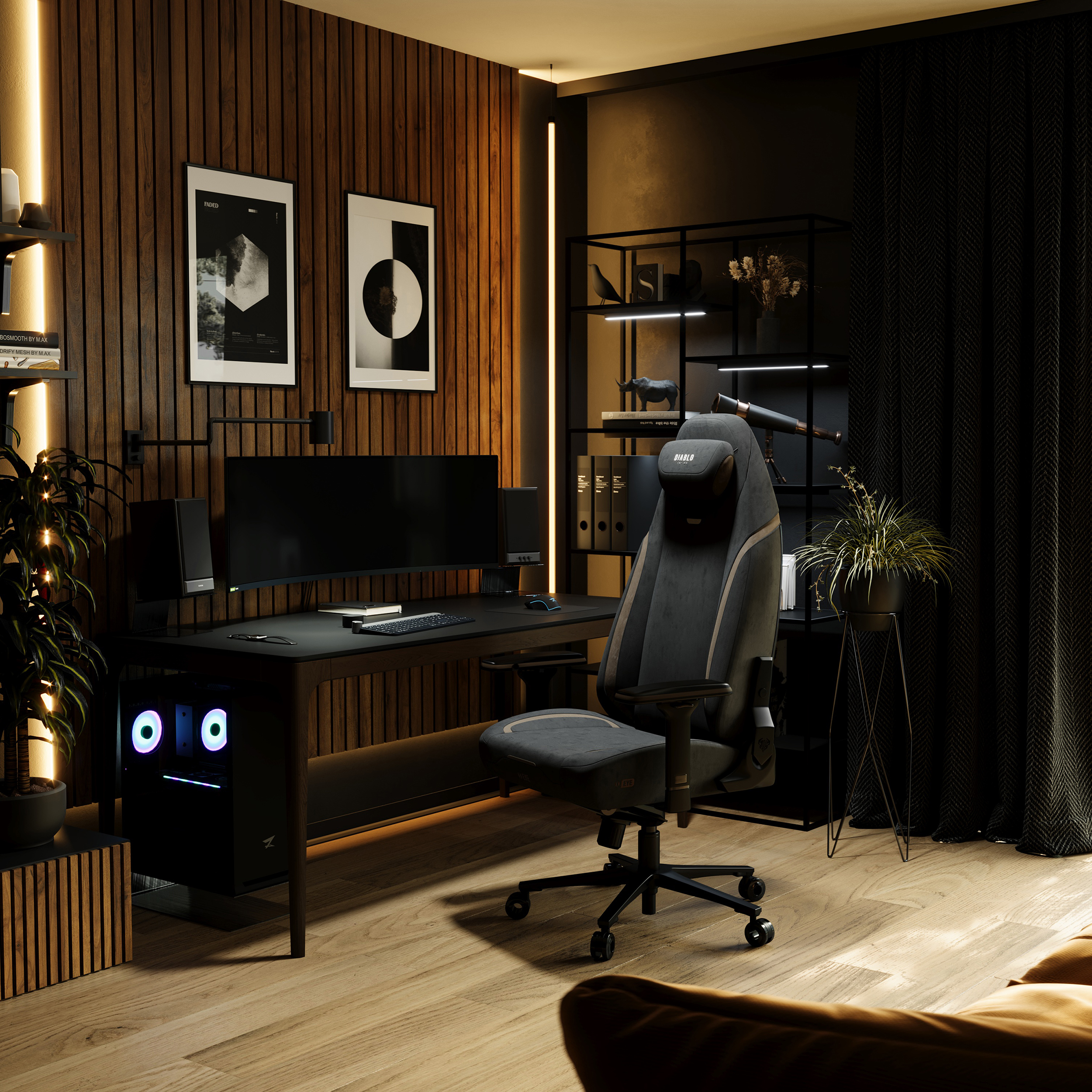 Wnętrze pokoju do gier z biurkiem, monitorem, krzesłem i dekoracjami. Drewniane panele i mroczna, nastrojowa atmosfera.
