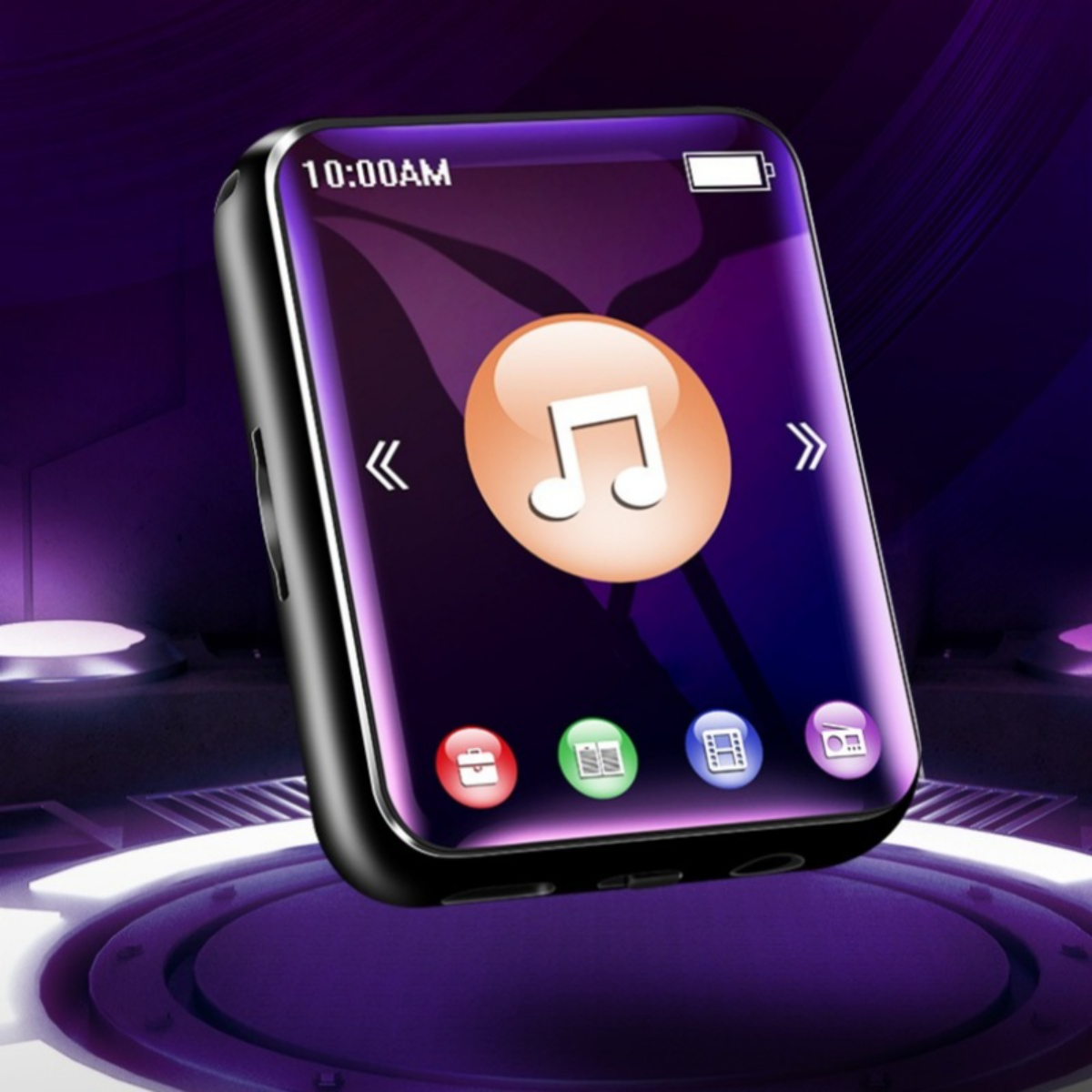 Ein kleiner lila Musikplayer mit einem Display, das eine Musiknote und Bedienelemente auf der Vorderseite zeigt.