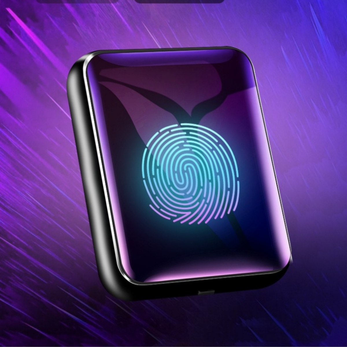 Schwarzes rechteckiges Gerät mit Fingerabdruckgrafik auf lila Gradientenhintergrund.