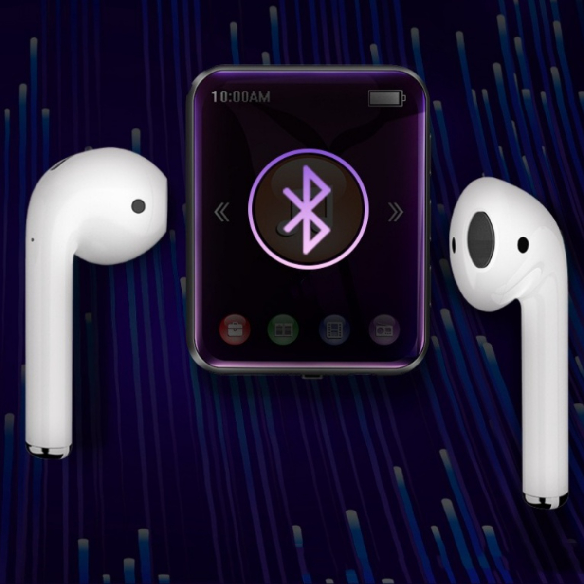 Kabellose Ohrhörer und ein kleiner, violetter Player. Player zeigt Bluetooth-Symbol und Bildschirm.