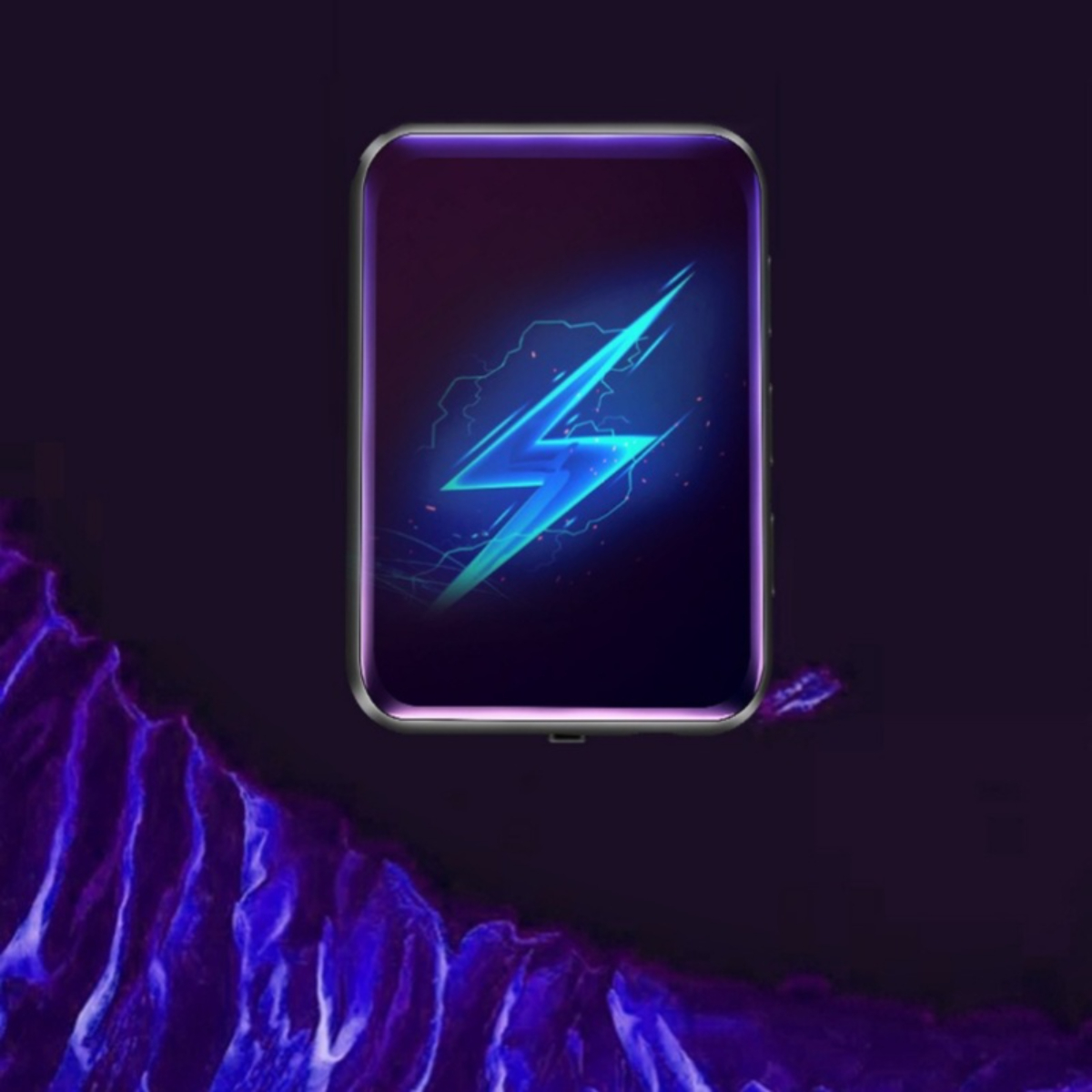 Smartphone mit blauem Blitzgrafik auf dem Bildschirm. Lila Hintergrund mit unscharfer Textur, schlankes Design.