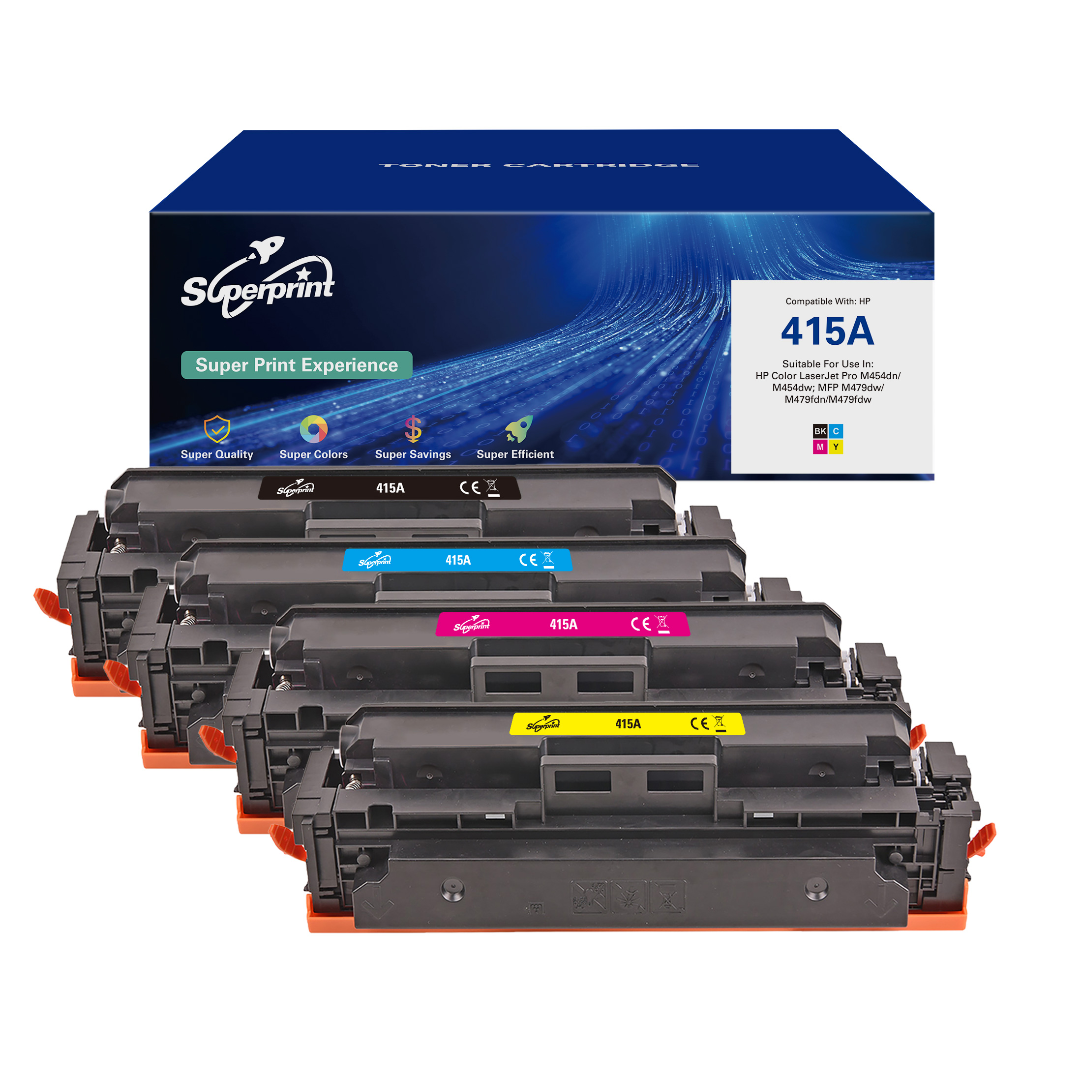 Tonercartridges in cyaan, magenta, geel en zwart met een doos erachter.