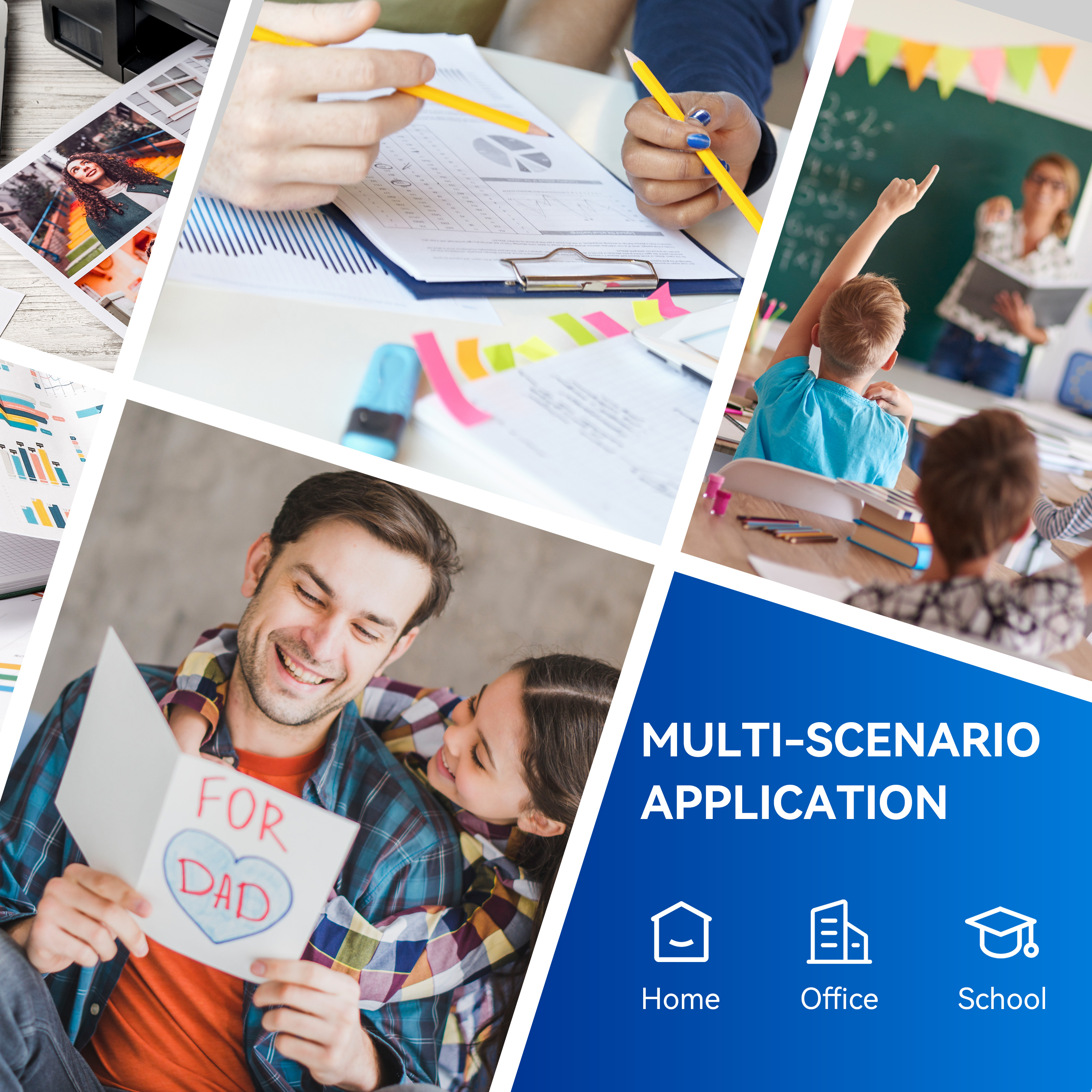Eine Collage von Bildern, die Multi-Szenario-Anwendungen zeigen, einschließlich Haus-, Büro- und Schulszenen. Menschen sind anwesend.