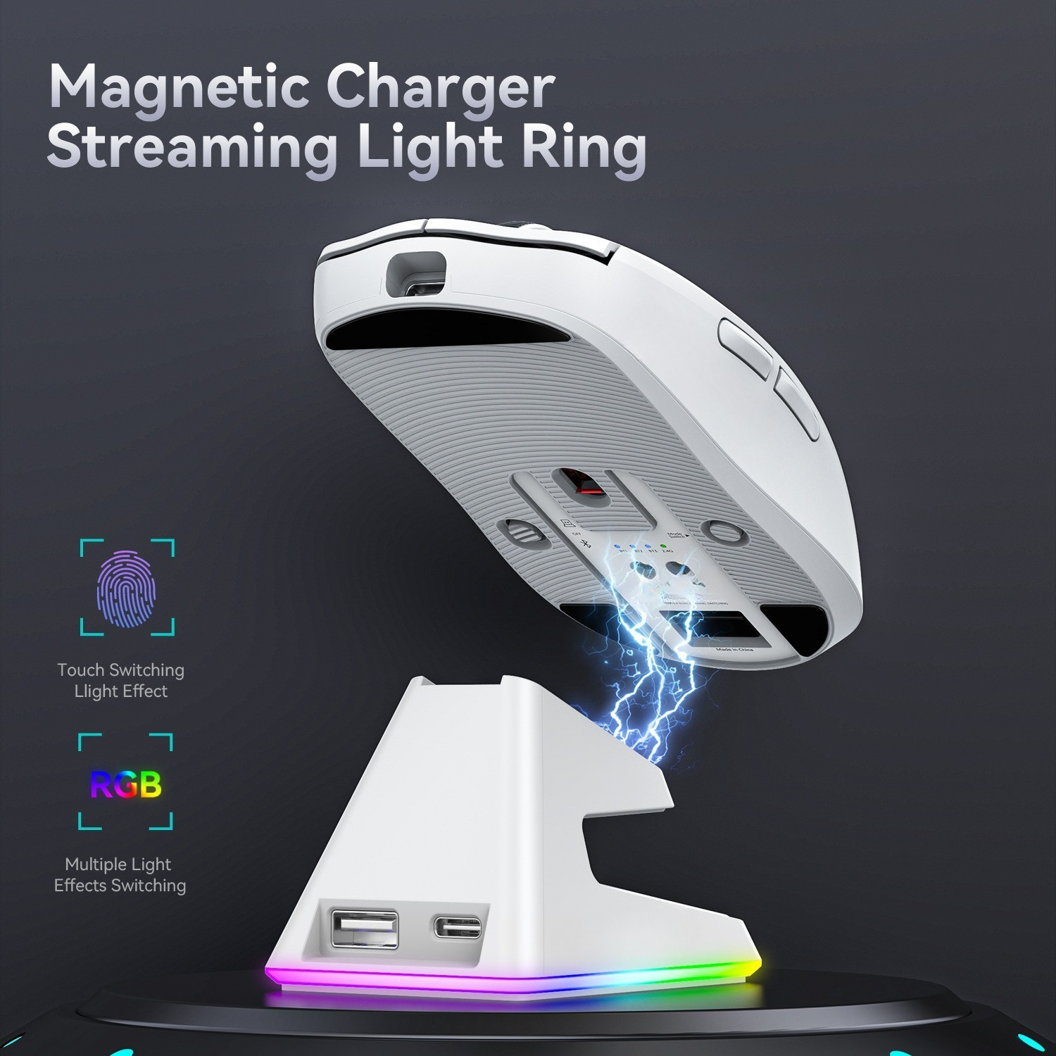 Weiße Maus mit Ladestation. RGB-Lichtring und Blitzeffekt.