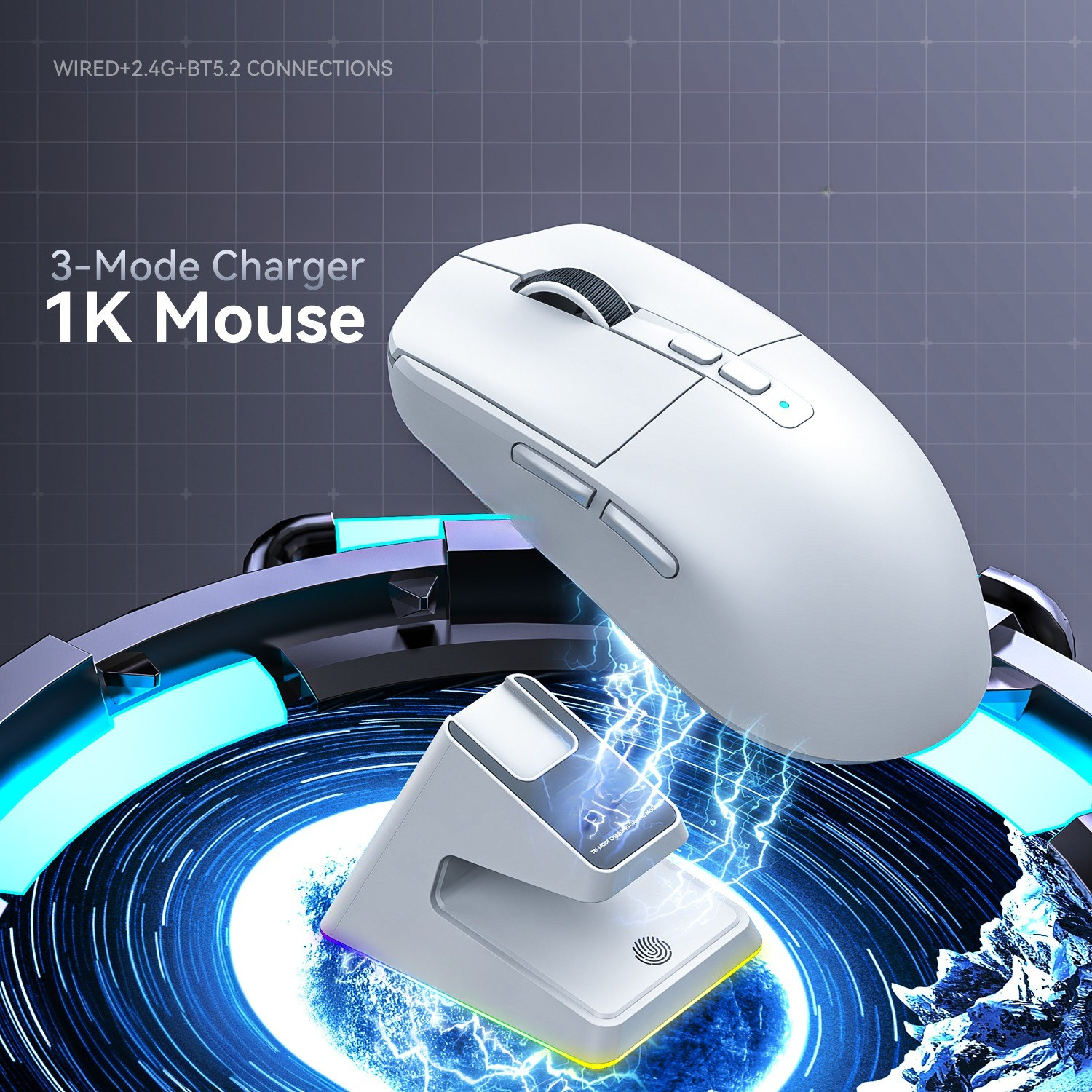 Eine weiße kabellose Maus auf einer Ladestation. Der Text lautet '3-Mode Charger 1K Mouse'.