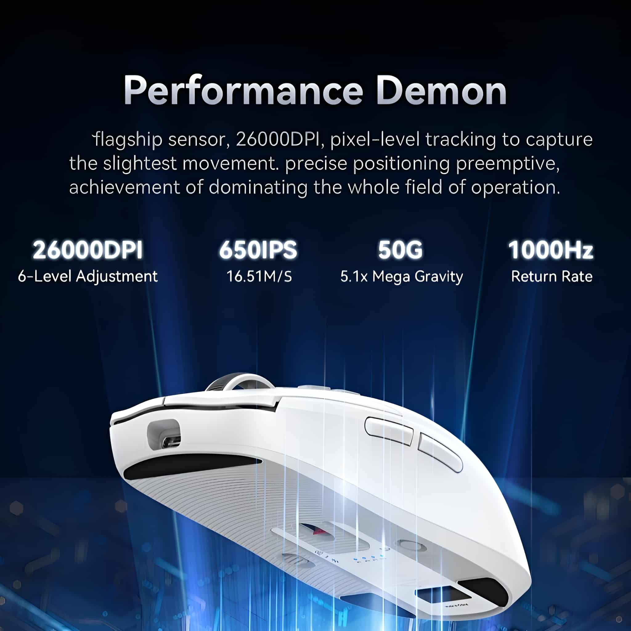 Weiße Gaming-Maus mit Spezifikationen wie 26000 DPI, 650 IPS und 1000 Hz Rücklaufrate.