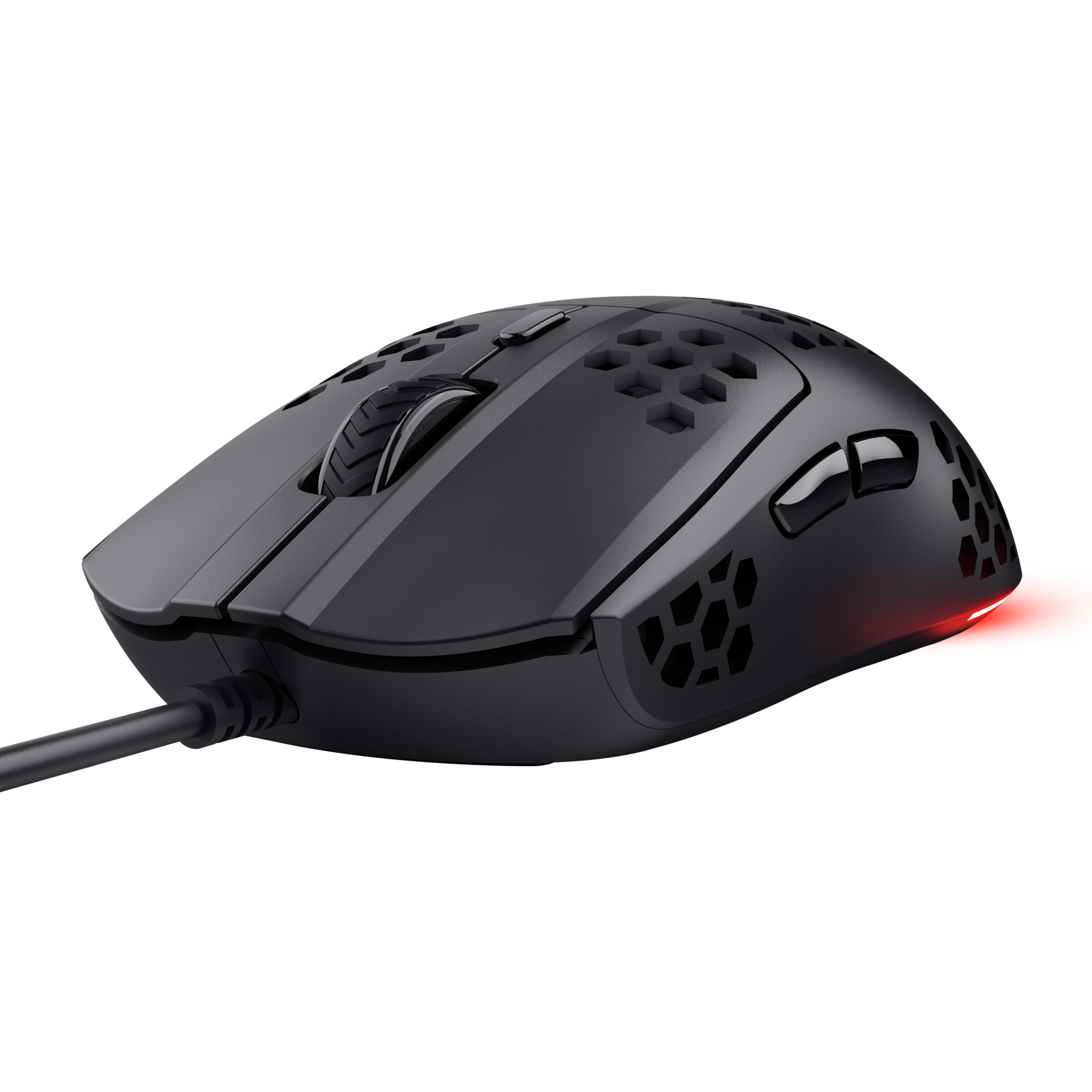 Zwarte gamingmuis met een honingraatontwerp. De muis heeft meerdere knoppen en een bedrade verbinding.
