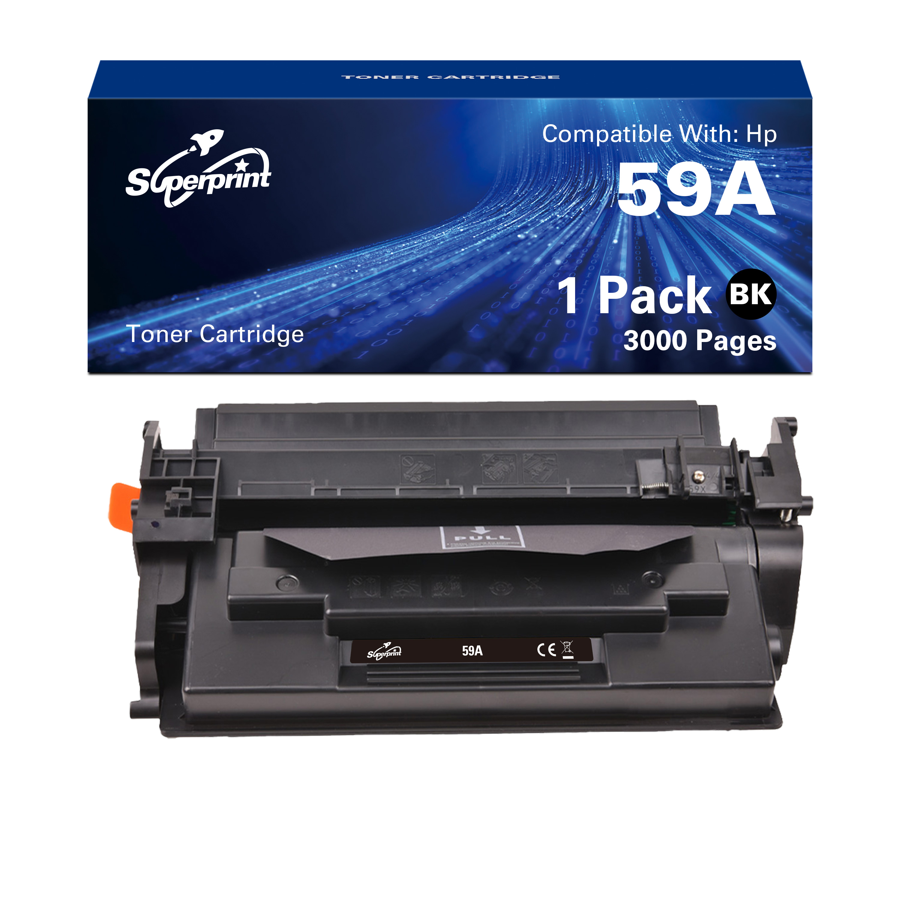 Toner cartridge doos en zwarte toner cartridge op witte achtergrond. De doos zegt Superprint en 59A.