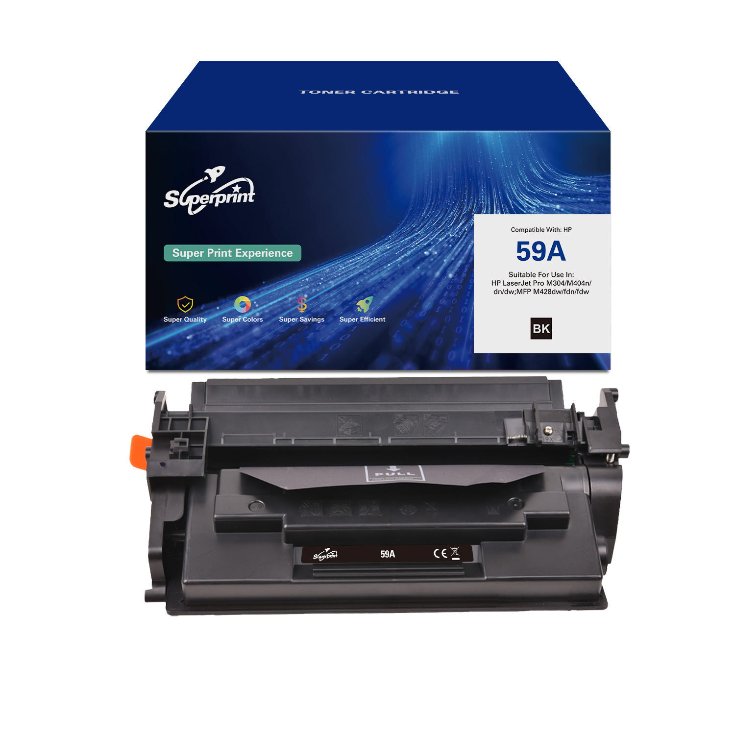 Tonercartridgebox en de cartridge. Zwart, blauw en wit ontwerp. De cartridge is zwart.