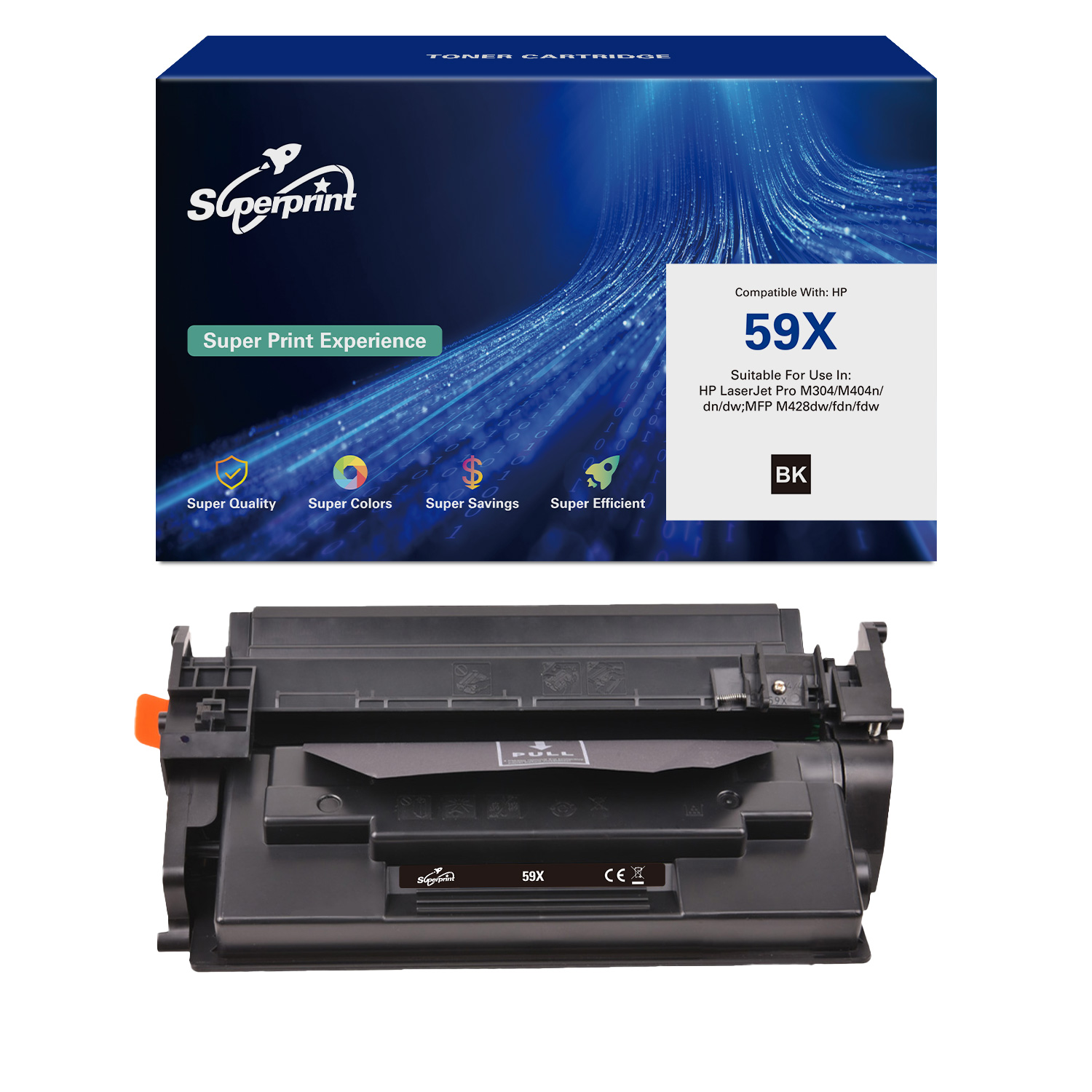 Toner cartridge doos en cartridge. Doos heeft logo en tekst. Cartridge is zwart met oranje treklipje.