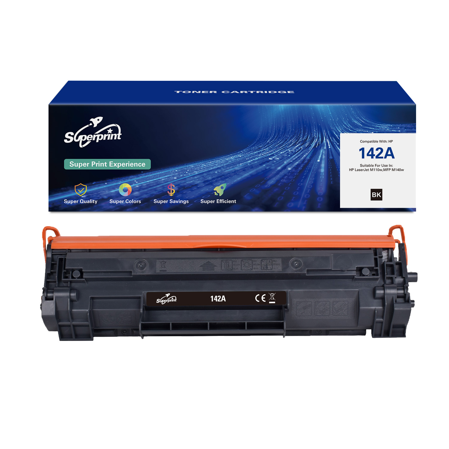 Tonercartridge doos en cartridge. De doos is blauw en de cartridge is zwart en oranje.
