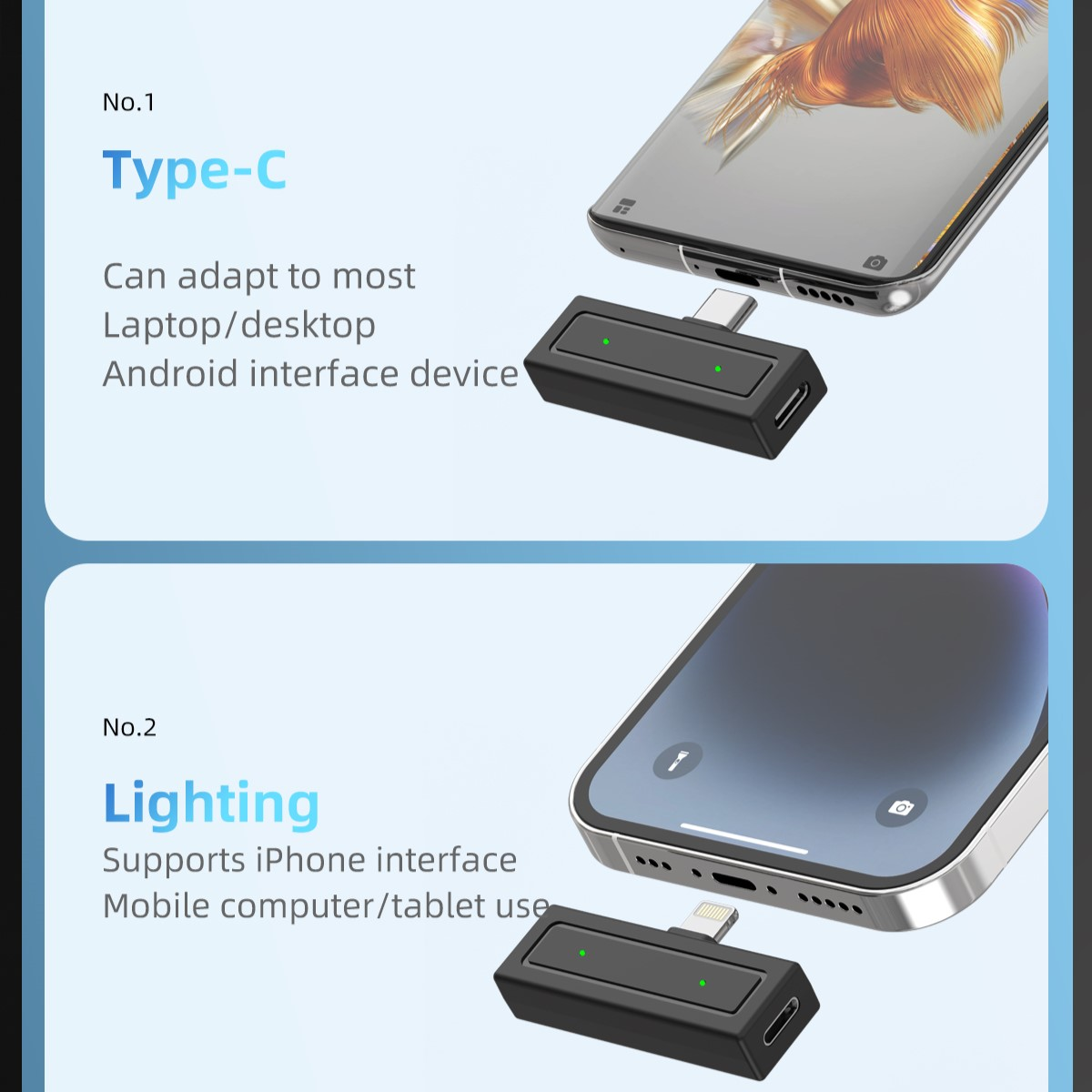 Zwei Adapter: Typ-C und Lighting, mit Telefonen und Text, der ihre Verwendung beschreibt.