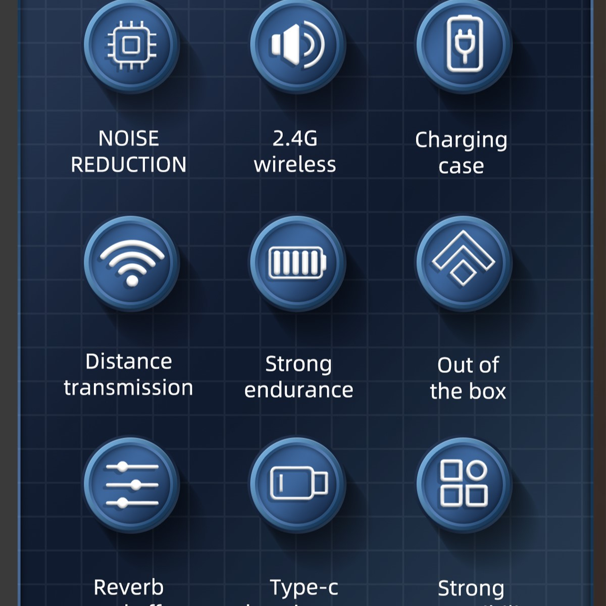 Symbole für Geräuschreduzierung, 2,4G-Funk, Ladecase, Distanzübertragung, hohe Ausdauer und weitere Funktionen.