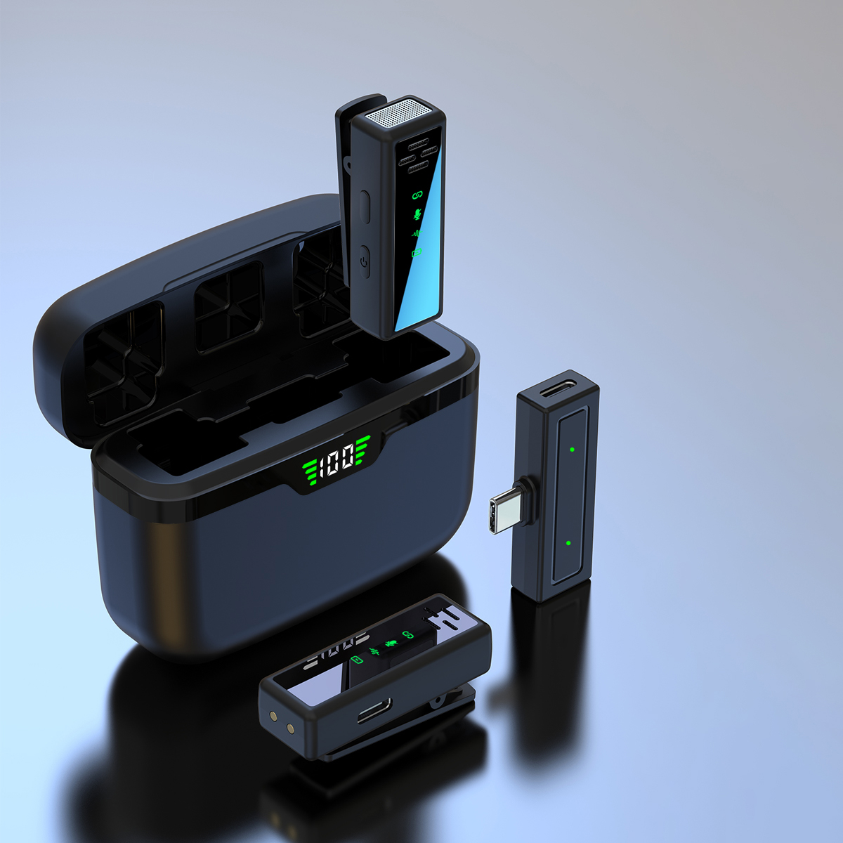Kabelloses Mikrofonset mit Ladekoffer und USB-C-Empfänger.