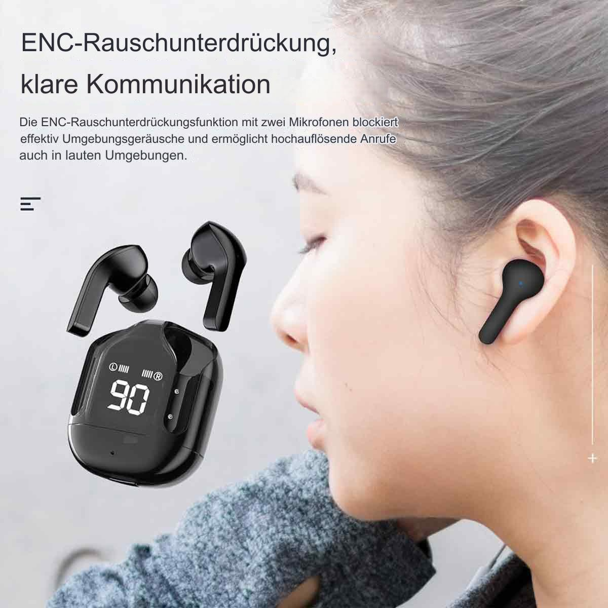 Kabellose Ohrhörer mit Ladecase, präsentiert an einer Frau.