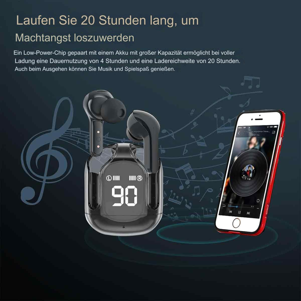 Ohrhörer in einem Ladecase und ein Smartphone, das eine Musikoberfläche mit Noten anzeigt.
