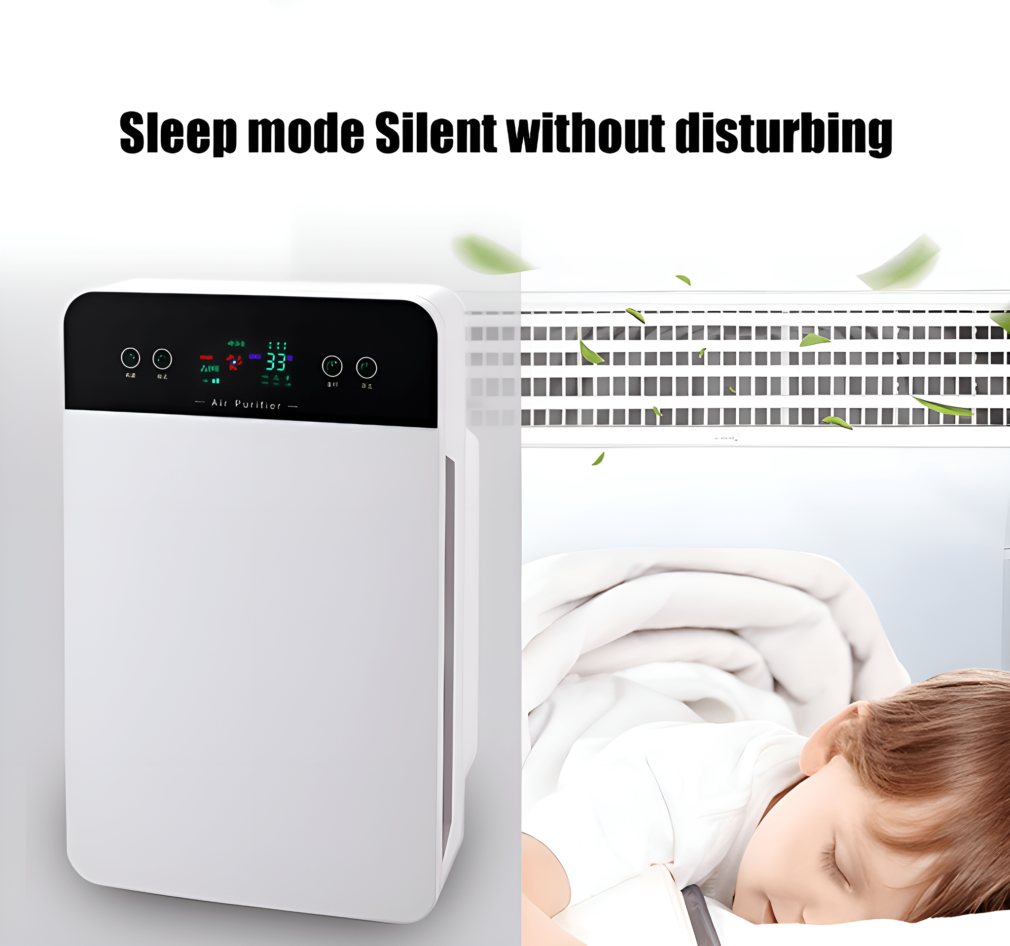 Luftreiniger mit Text 'Sleep-Modus Leise ohne Störung' und einem schlafenden Kind im Hintergrund.