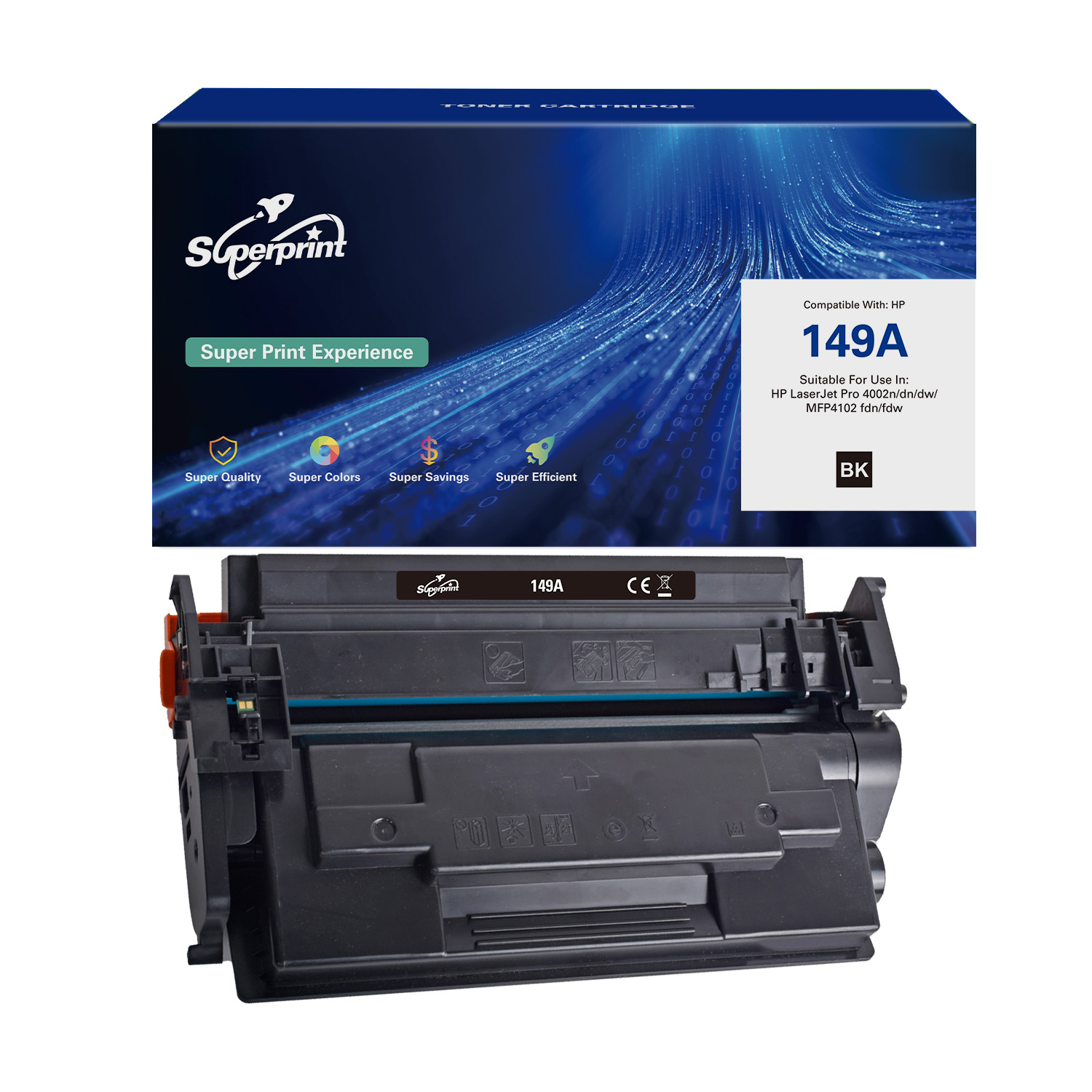 Zwarte tonercartridge met blauwe doos. Tekst 'Superprint' en '149A'. Productlabel zichtbaar.