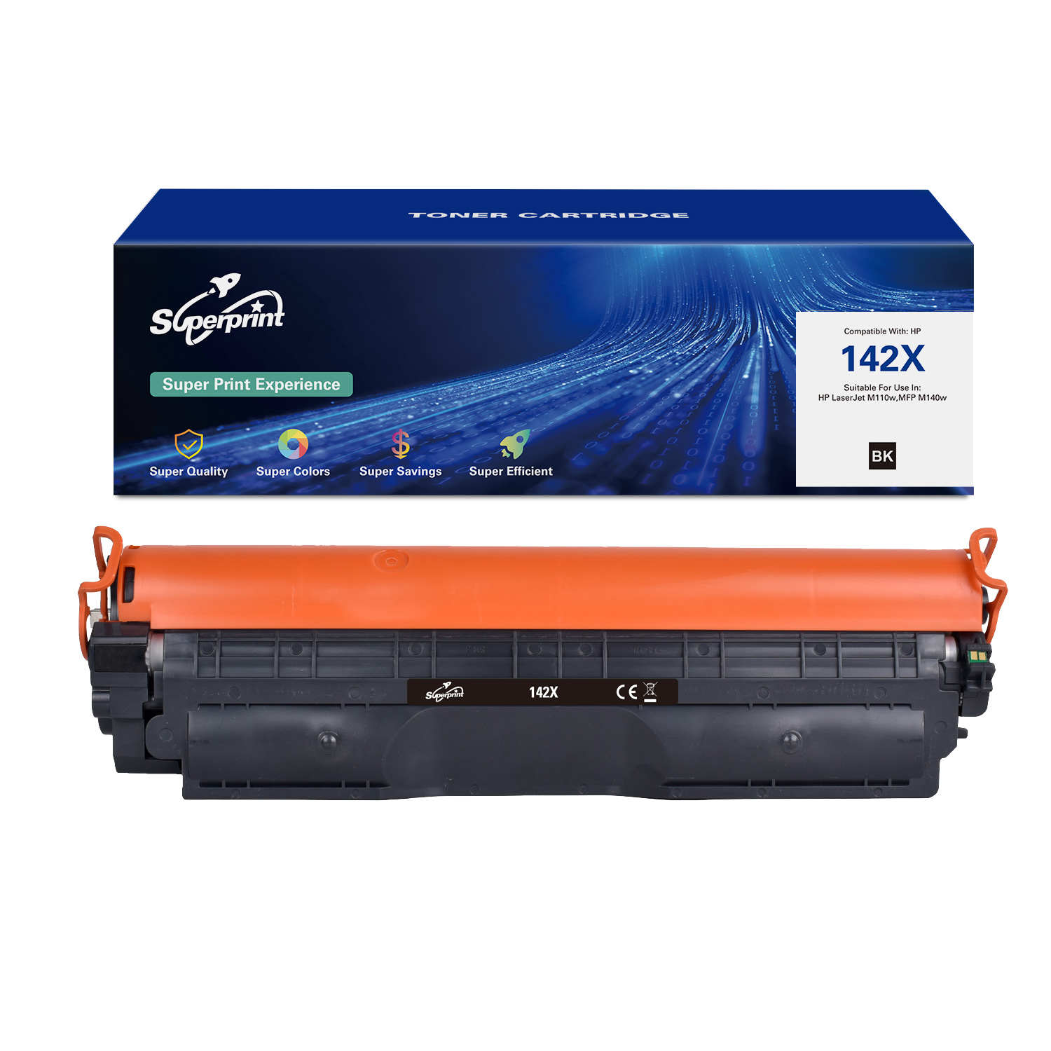 Tonercartridge in doos. Oranje en zwarte cartridge. Doos heeft tekst 'Superprint'.