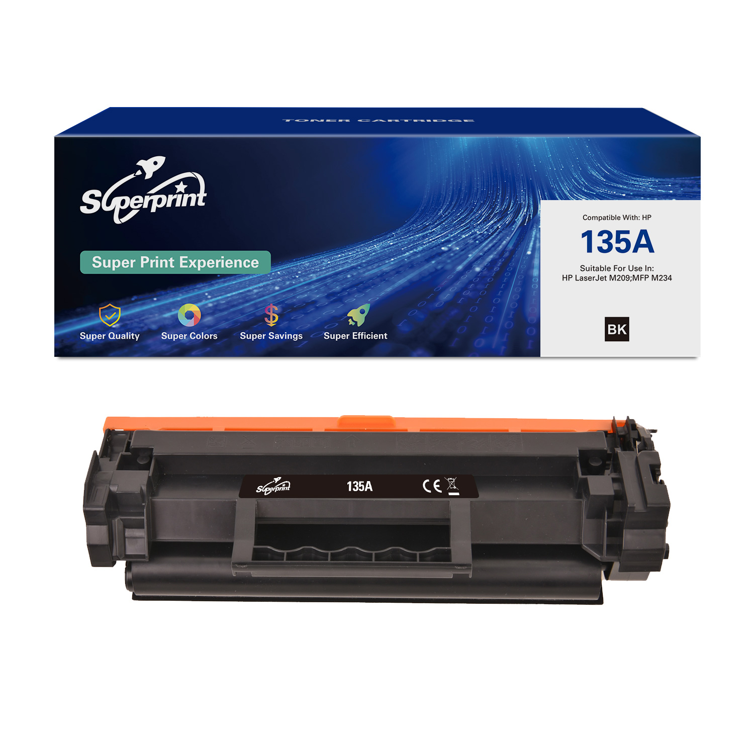 Een tonercartridge doos en cartridge. De doos zegt Superprint, de cartridge heeft 135A afgedrukt.