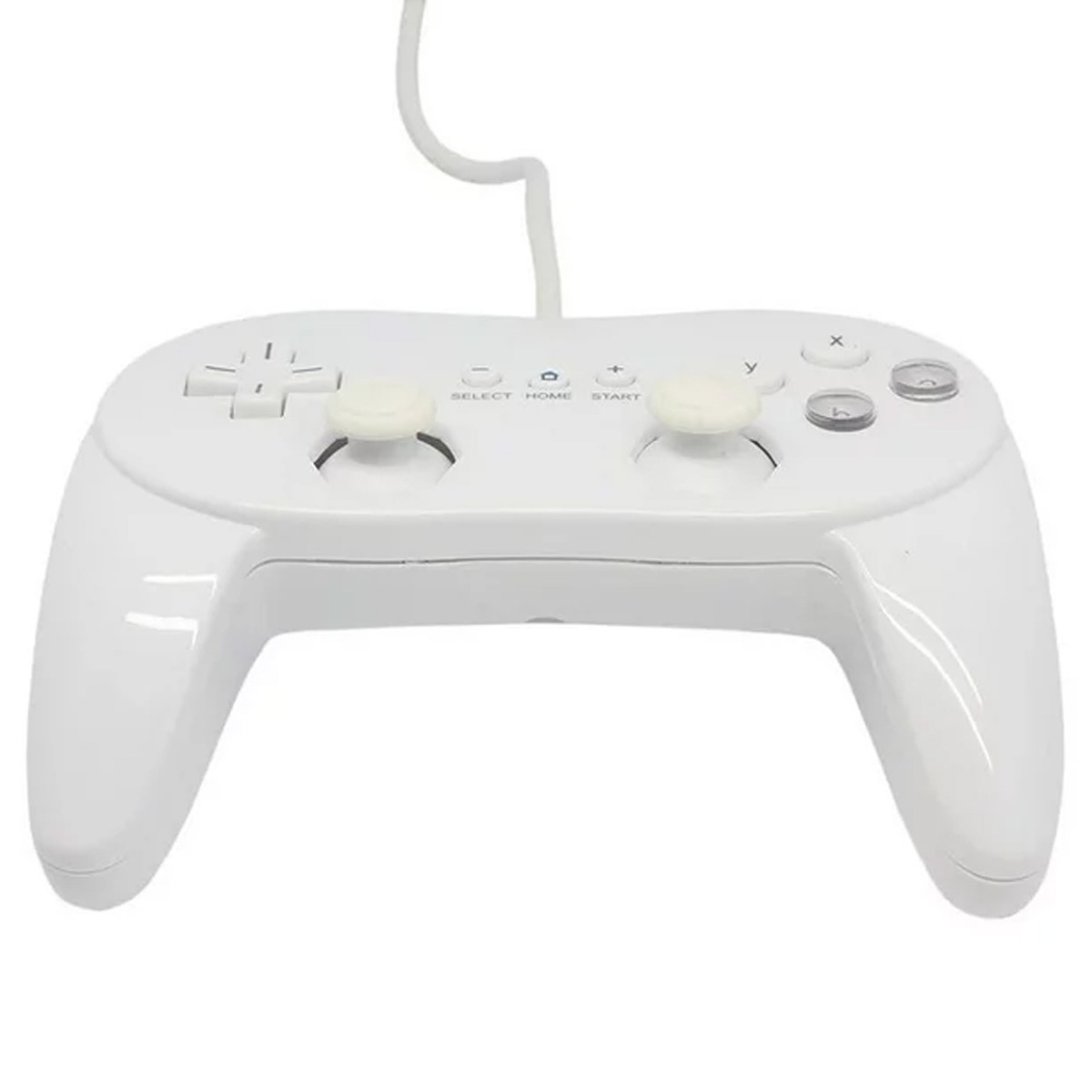 Weißer Nintendo-Controller mit Steuerkreuz, Knöpfen und Kabel. Weißer Hintergrund.