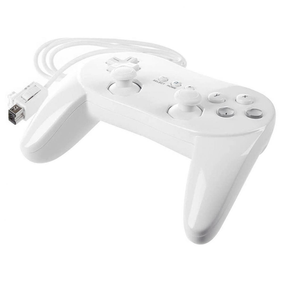 Ein weißer Gamecontroller mit Knöpfen und Kabel.