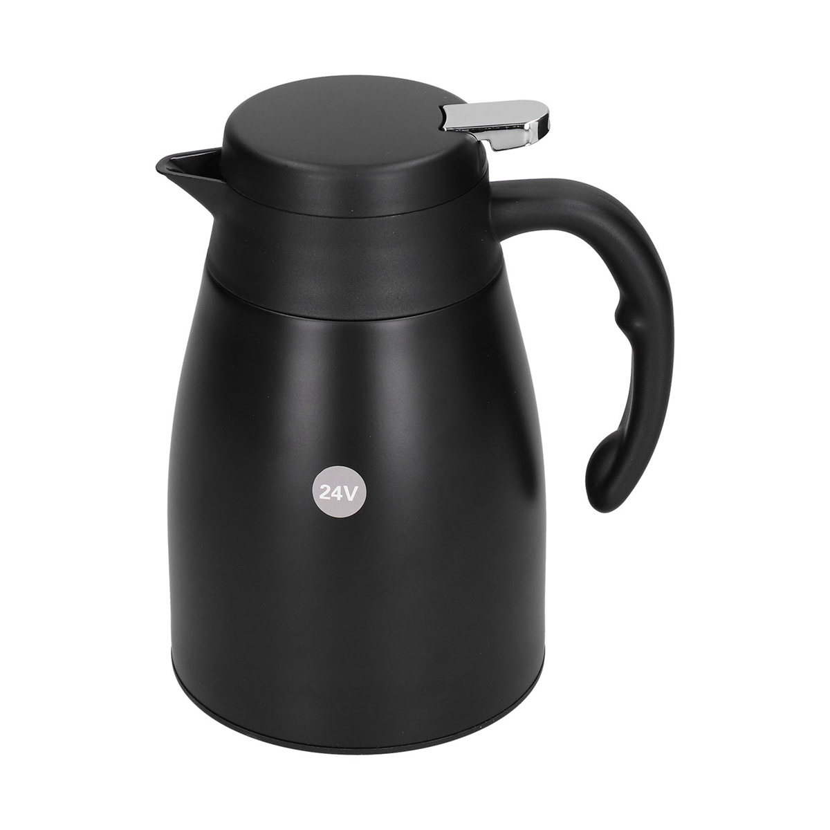 Eine schwarze Thermoskanne mit Henkel und silberner Taste, mit 24V-Etikett.