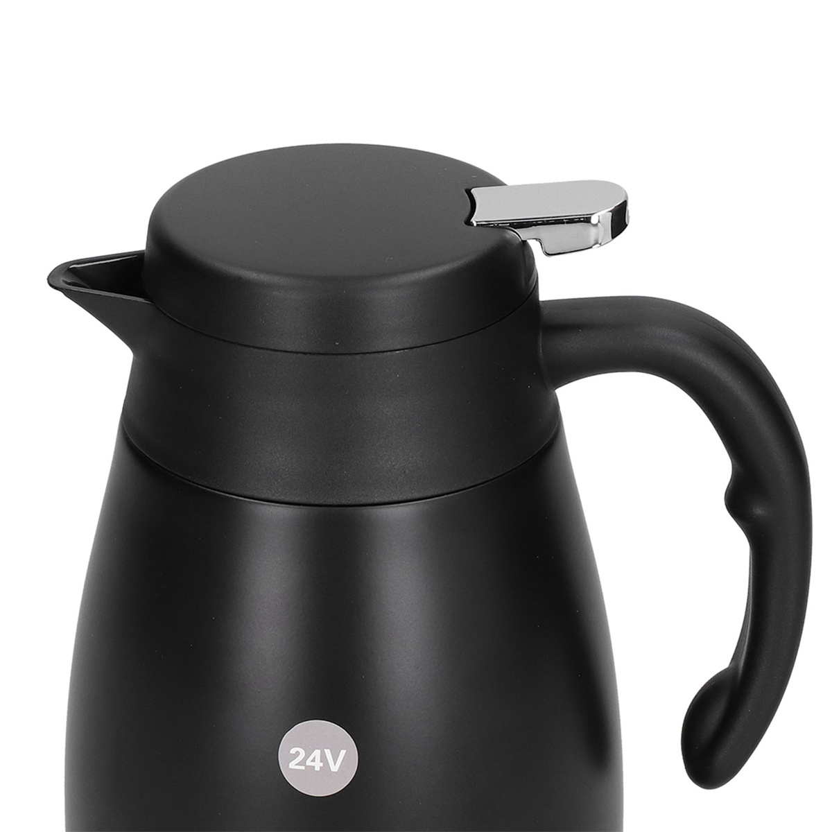 Eine schwarze isolierte Kaffeekaraffe mit Griff und silbernem Deckel.