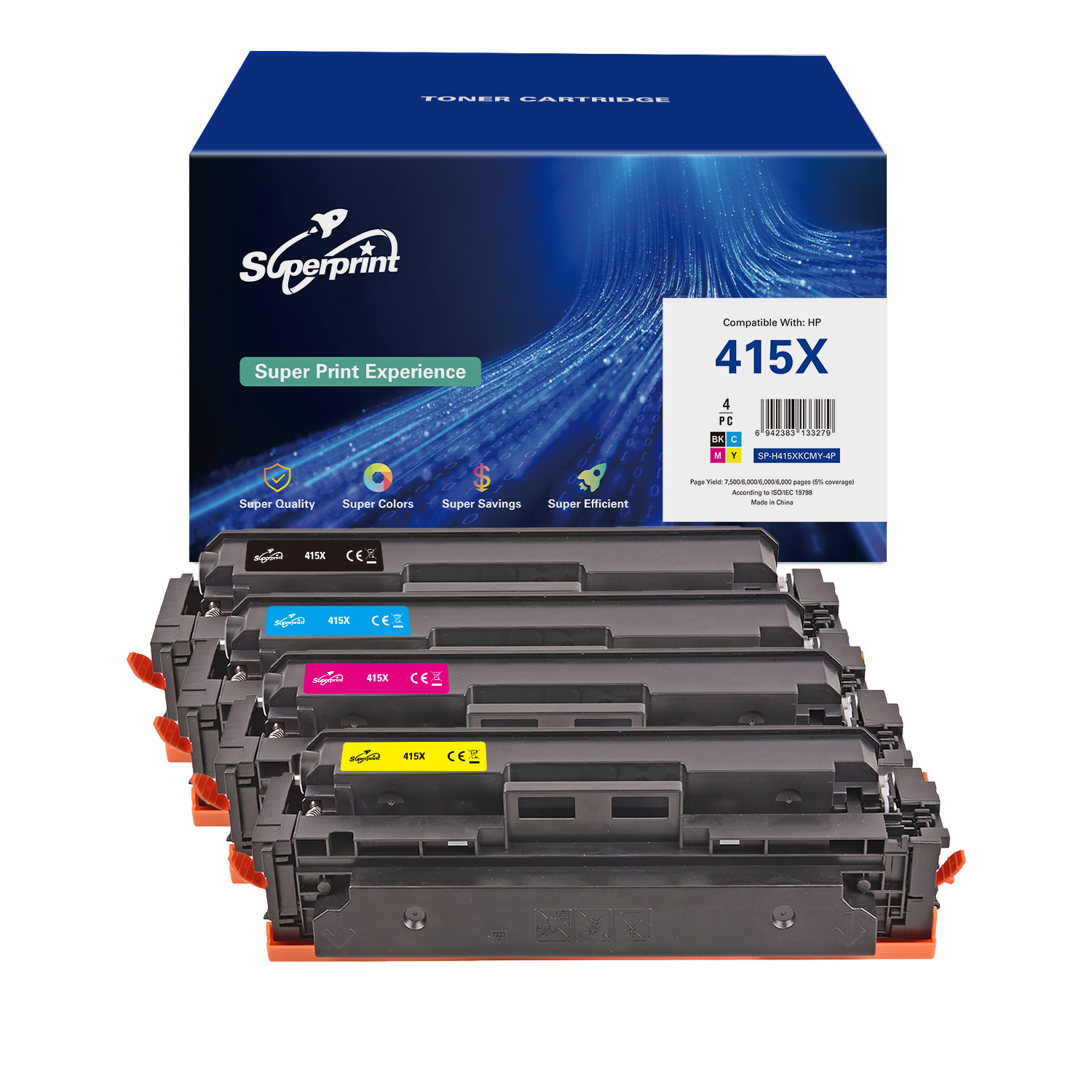 Meerdere tonercartridges in een doos. Doos blauw, cartridges zwart, geel, magenta en cyaan.