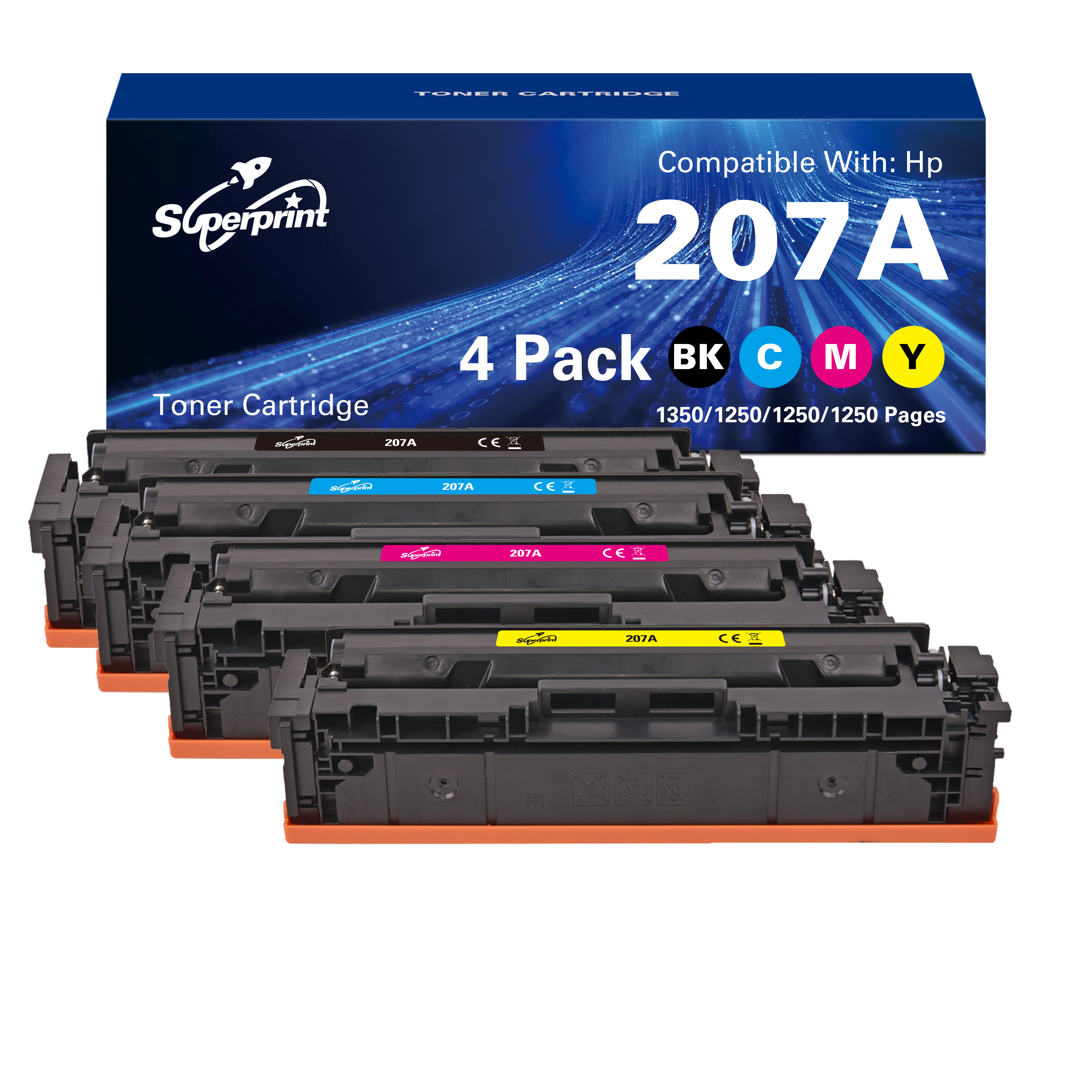 Quatre cartouches de toner en noir, cyan, magenta et jaune, avec une boîte au-dessus.