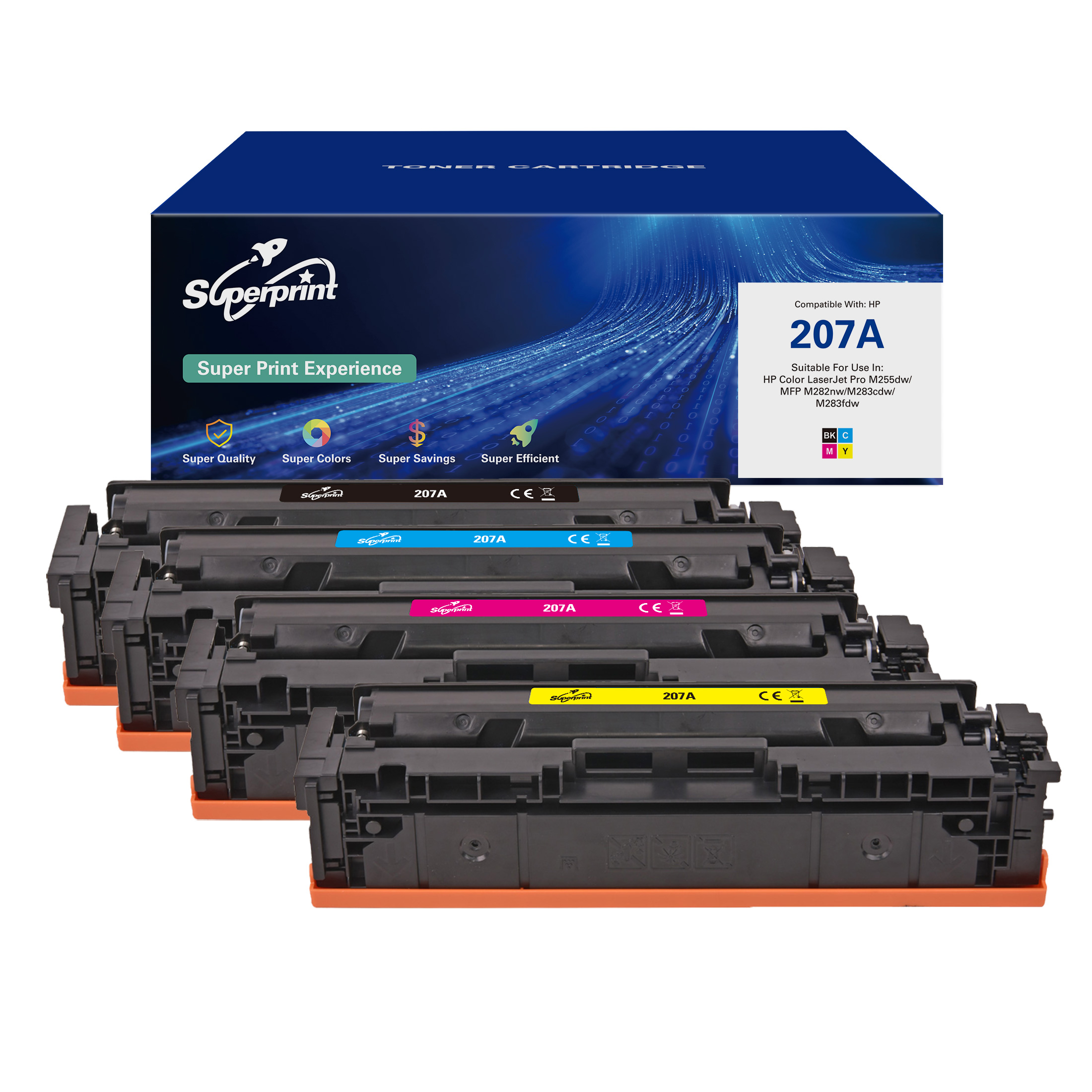 Cartouches de toner dans une boîte. La boîte indique Superprint, avec les cartouches étiquetées 207A en différentes couleurs.