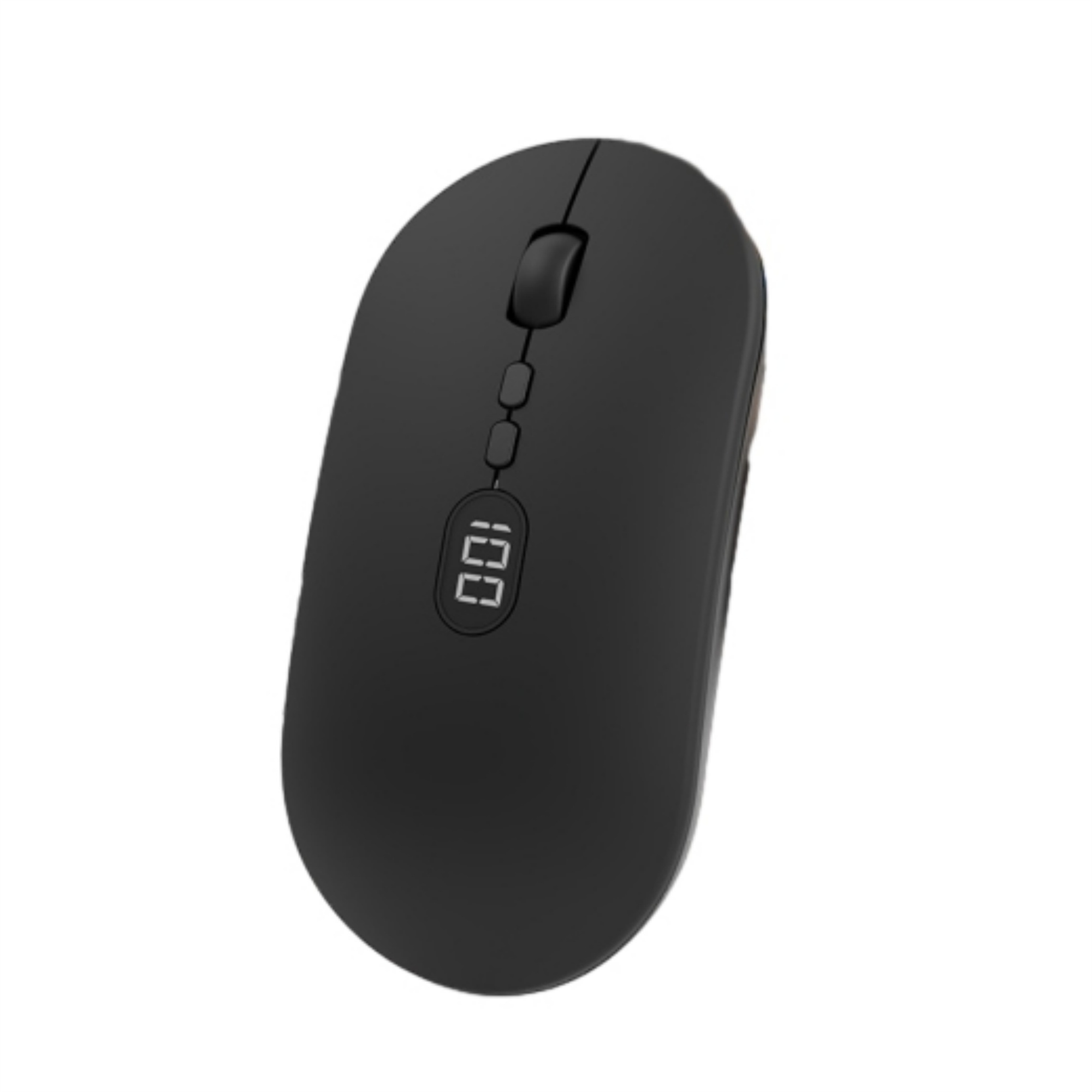 Eine schwarze, kabellose Maus mit ovaler Form. Ein digitales Display zeigt '100'.