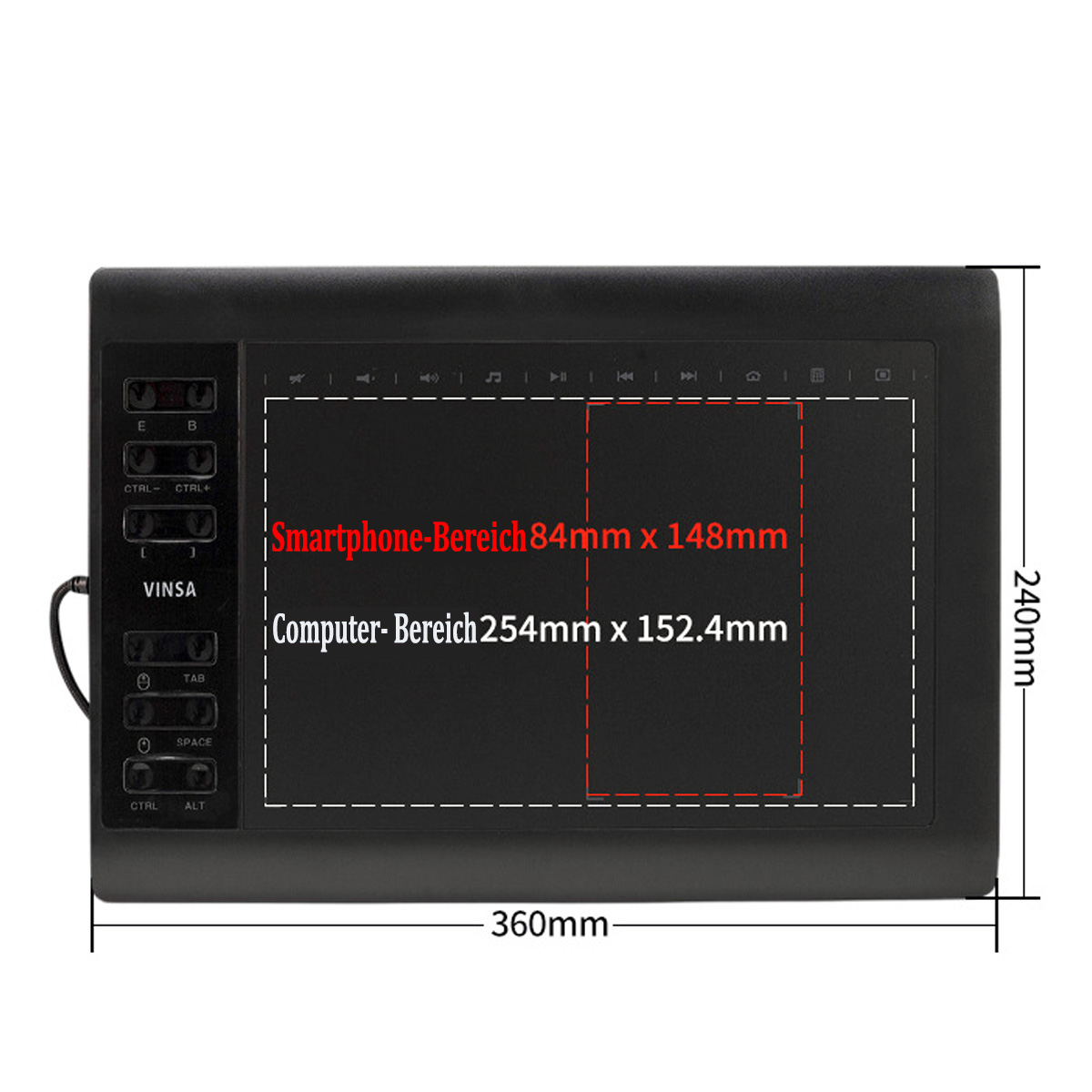 Schwarzes Zeichentablett mit Abmessungen. Anzeigebereiche sind markiert. Die Abmessungen betragen 360 mm x 240 mm.