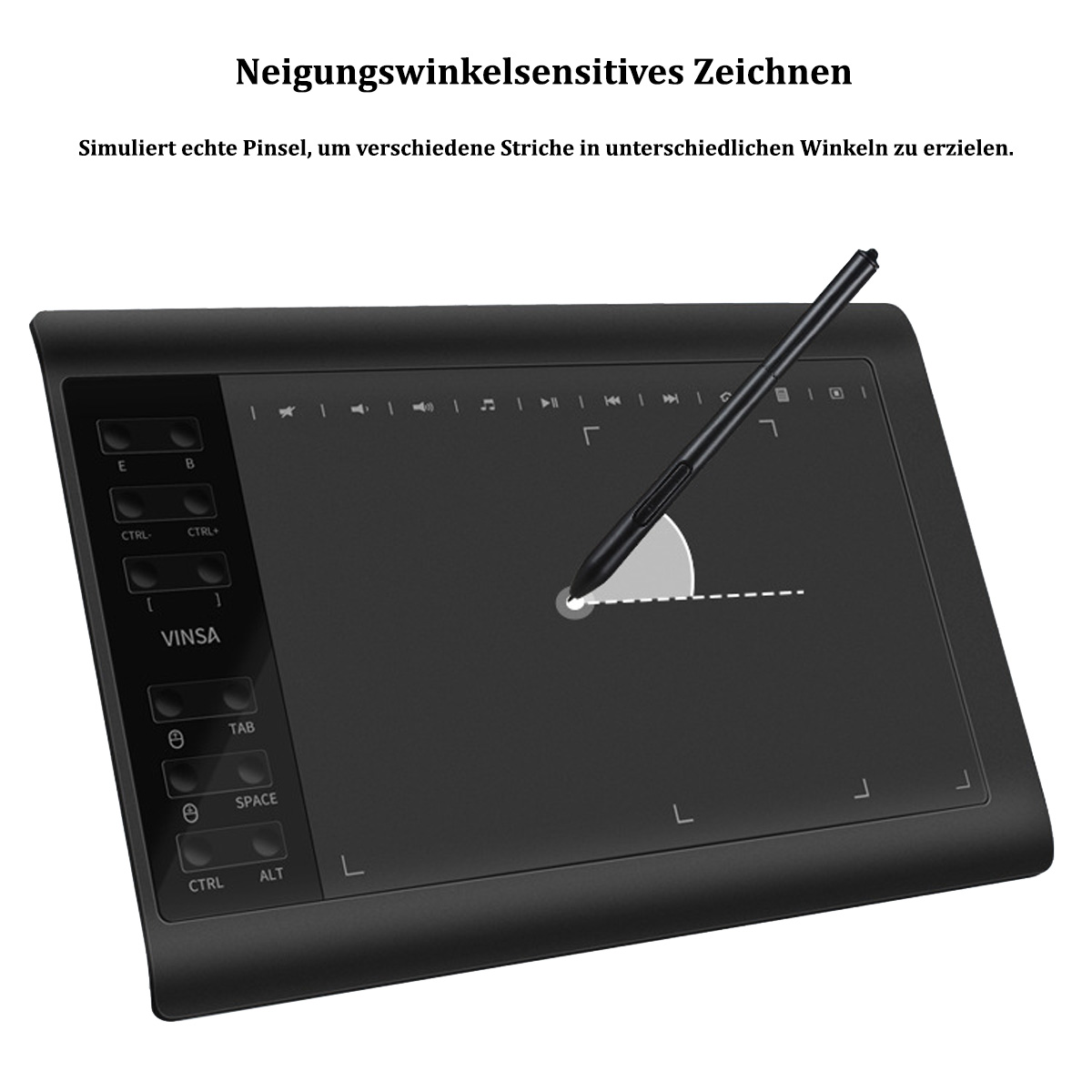 Schwarzes Grafiktablett mit Stift. Zeigt, wie man in verschiedenen Winkeln zeichnet.