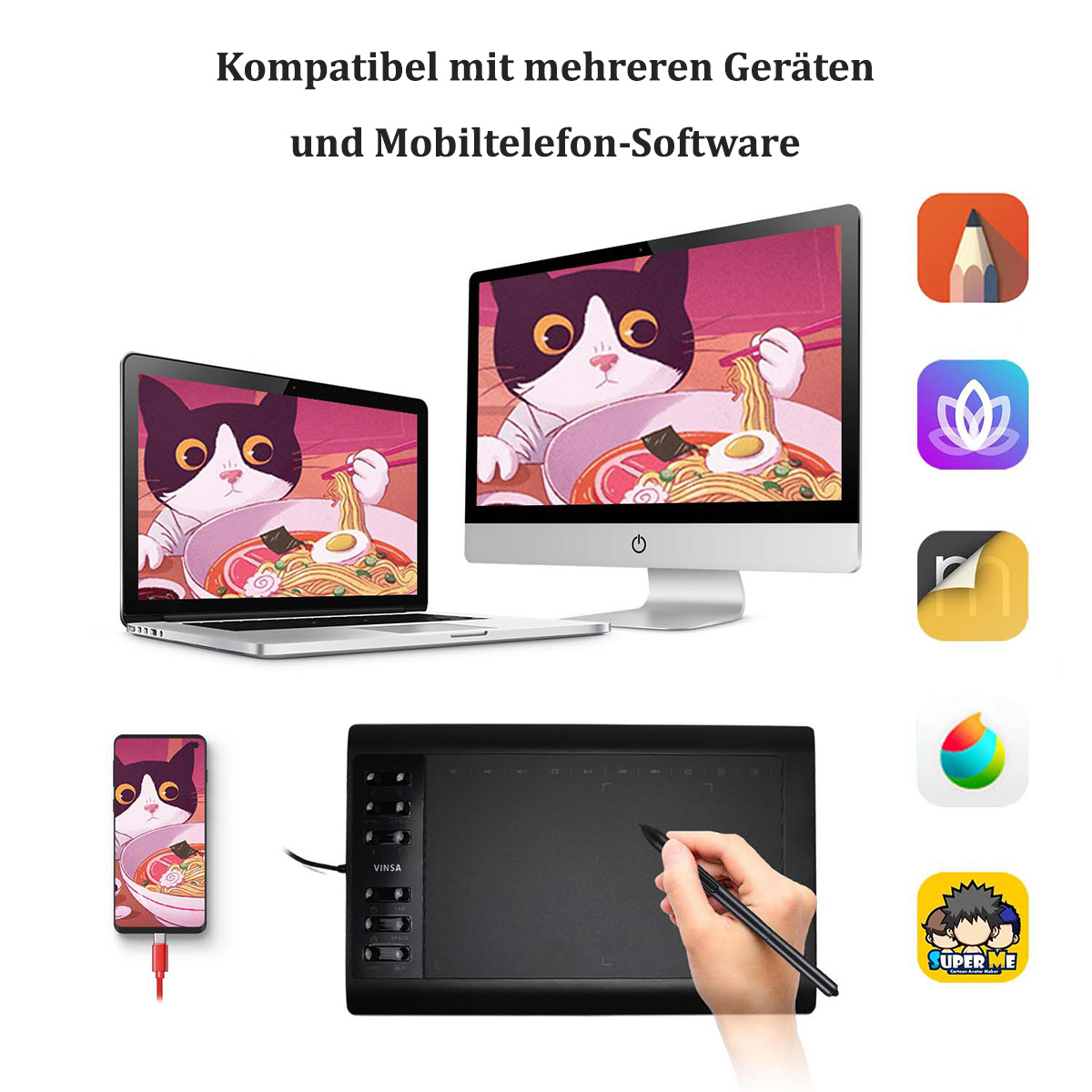 Laptop, Monitor und Tablet mit digitaler Kunst, Stift und Symbolen werden gezeigt.