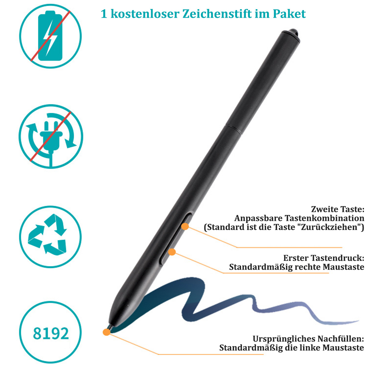 Schwarzer Stift mit beschrifteten Tasten. Icons für keinen Akku, kein Laden, Recycling. Text: '1 kostenloser Stift'.