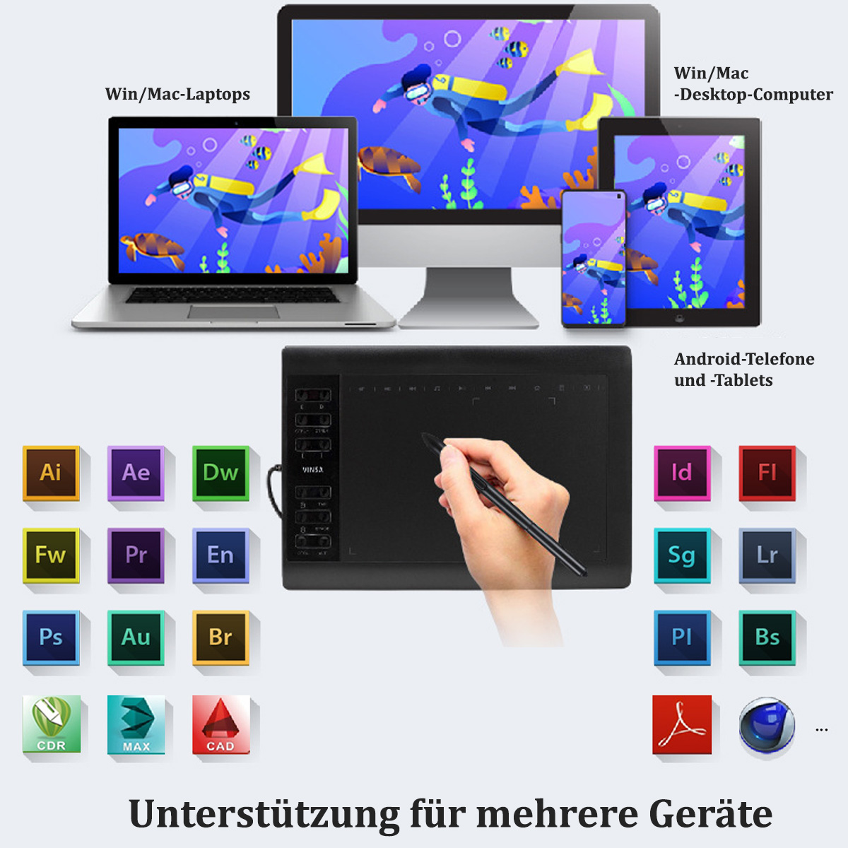 Displays, Tablet und Grafiktablett, mit Software-Icons. Zeigt mehrere Geräte und Software-Kompatibilität.