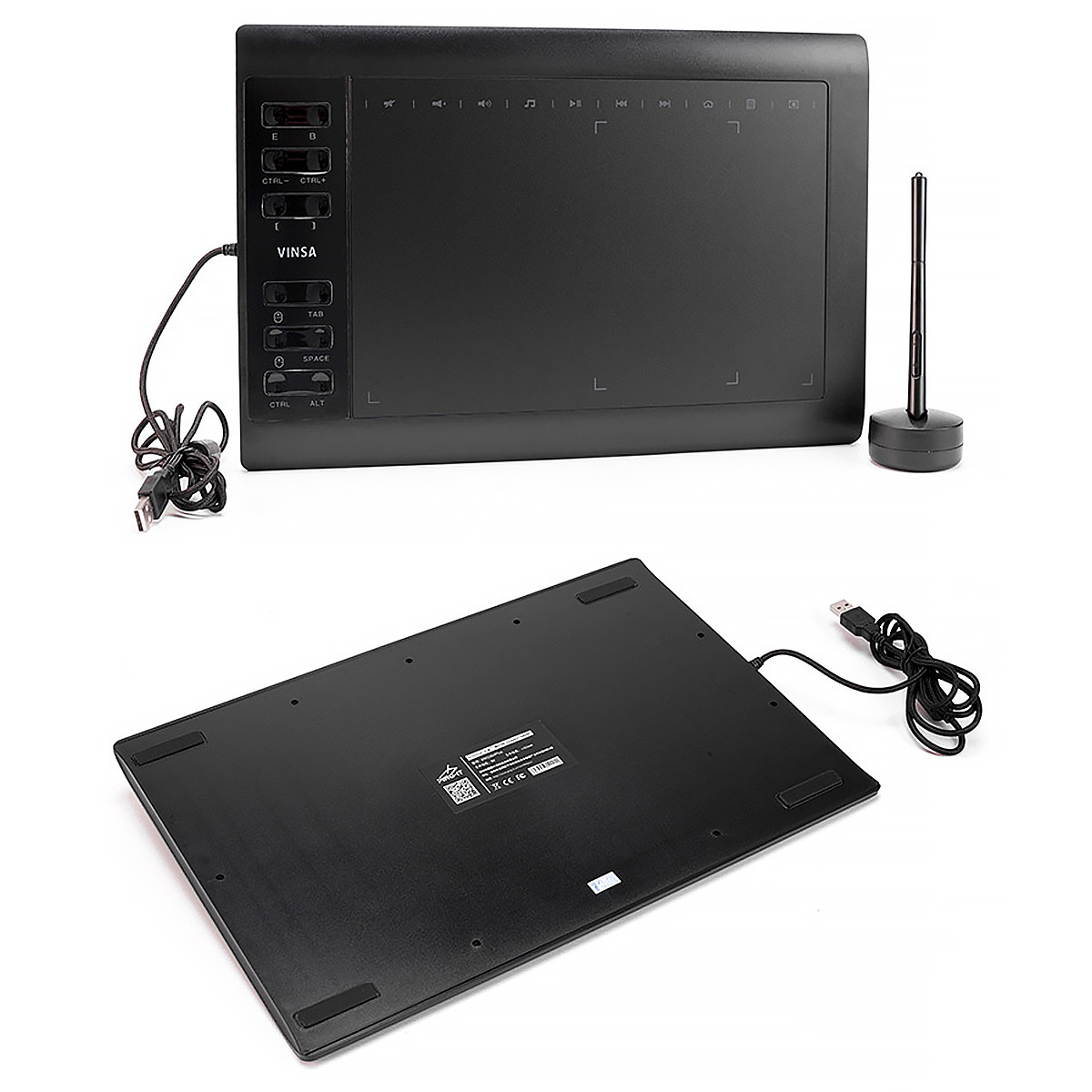 Schwarzes Grafiktablett mit Stift. Das Tablet hat Knöpfe und ein USB-Kabel. Die Rückseite des Tablets wird ebenfalls gezeigt.