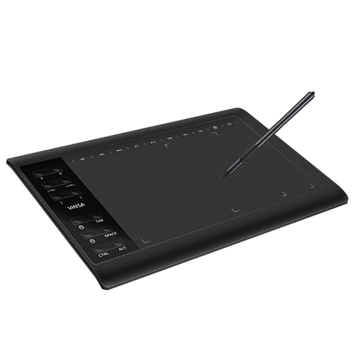 Ein schwarzes Zeichentablett mit Stift. Es hat Tasten und eine berührungsempfindliche Oberfläche für digitale Kunst.