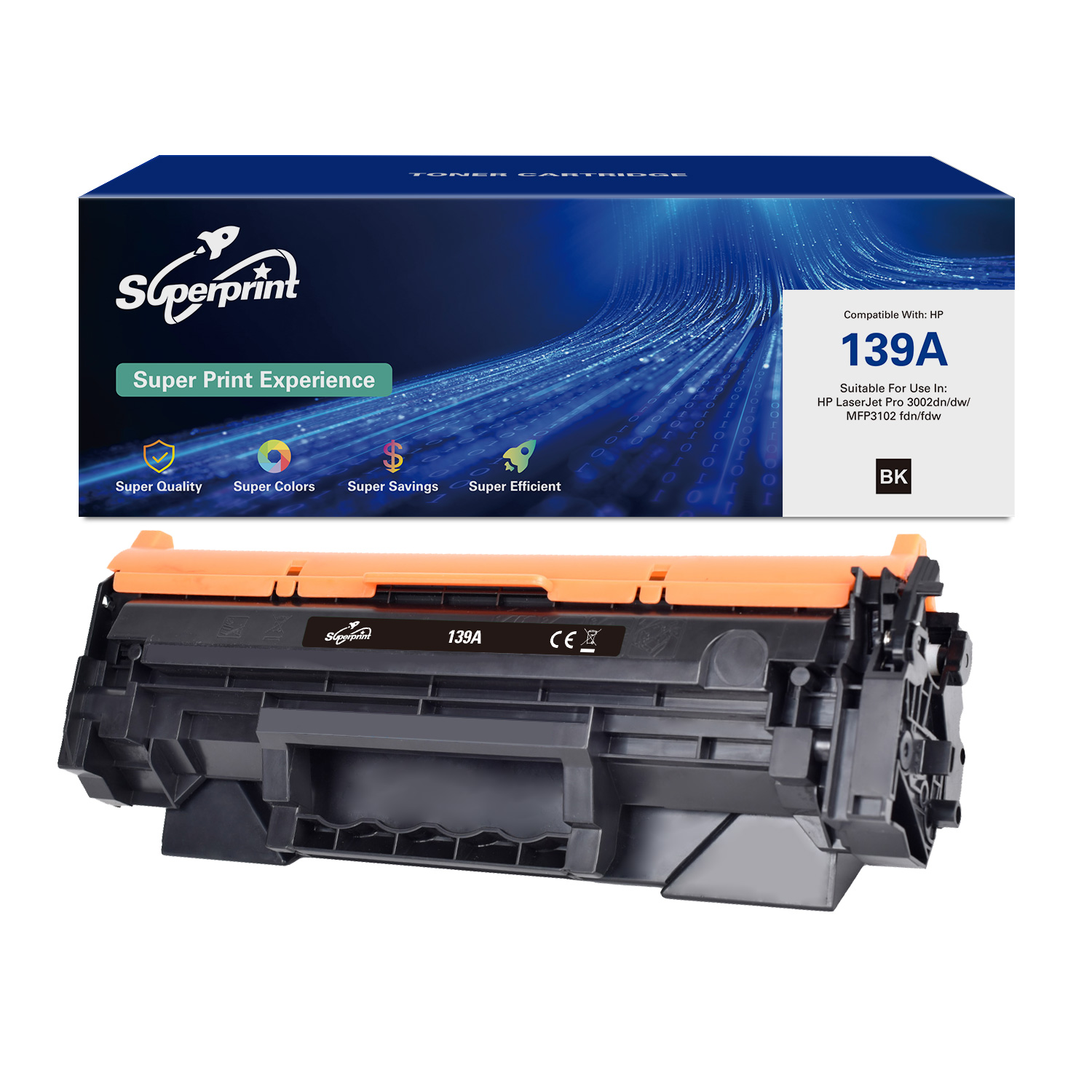 Tonercartridge in doos, gelabeld 139A. Oranje en zwart, met een logo en tekst.