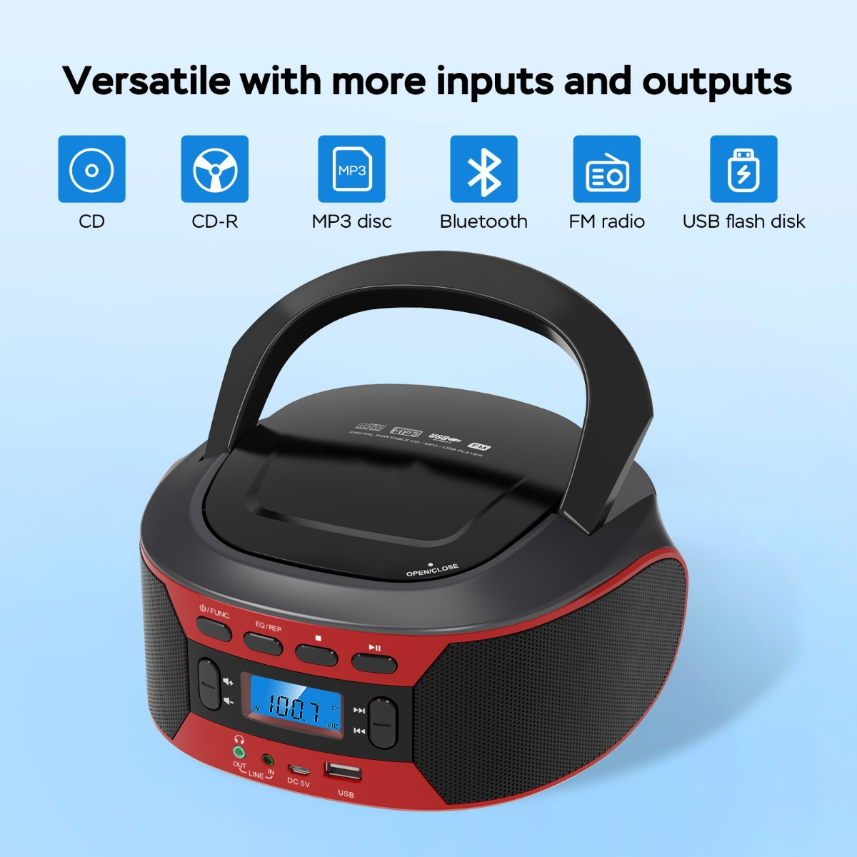 Ein tragbarer CD-Player mit CD-R-, MP3-, Bluetooth-, UKW-Radio- und USB-Flash-Disk-Optionen.