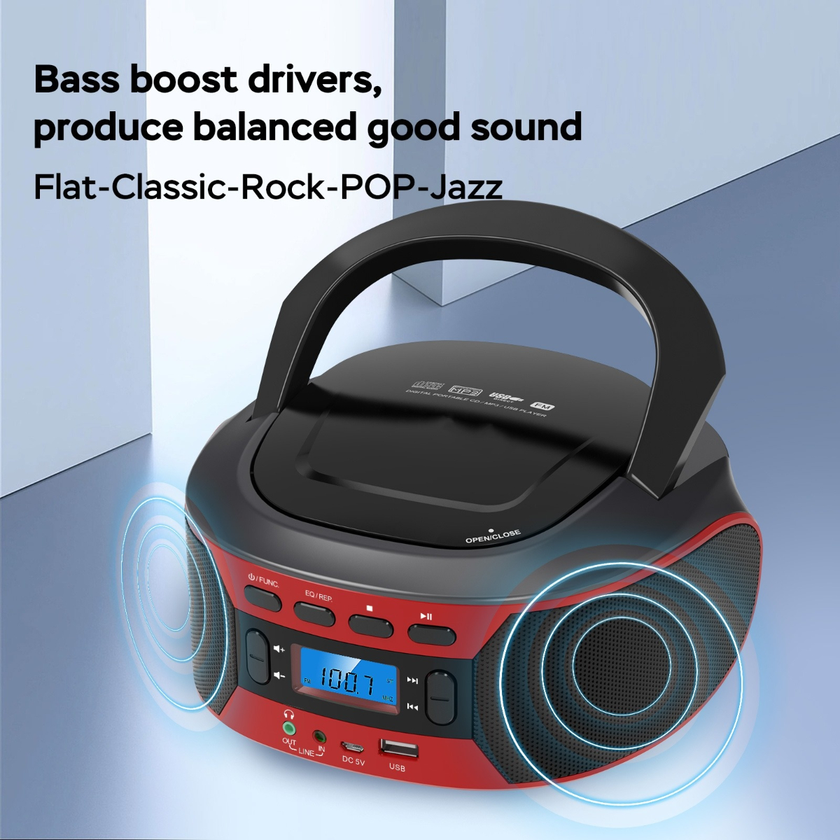 Eine rot-schwarze Boombox mit Knöpfen und einem Griff. Blaue Schallwellen werden angezeigt.