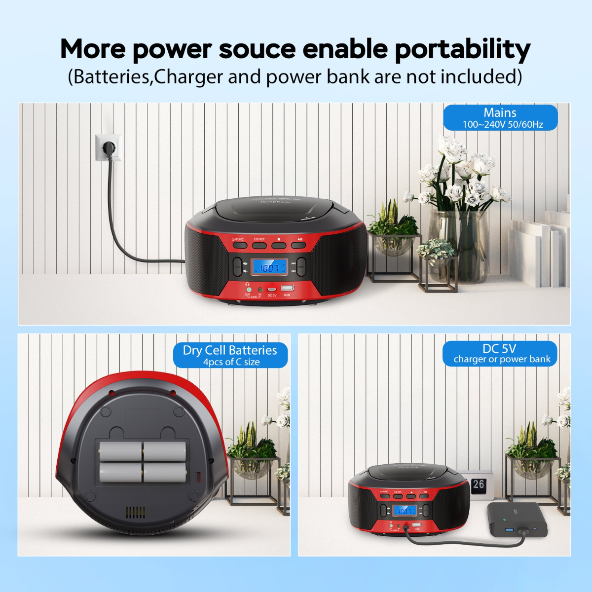 Ein Stereo mit Batteriefach. Es hat auch einen Stecker und ein USB-Ladegerät. Text: 'Mehr Stromquelle'.