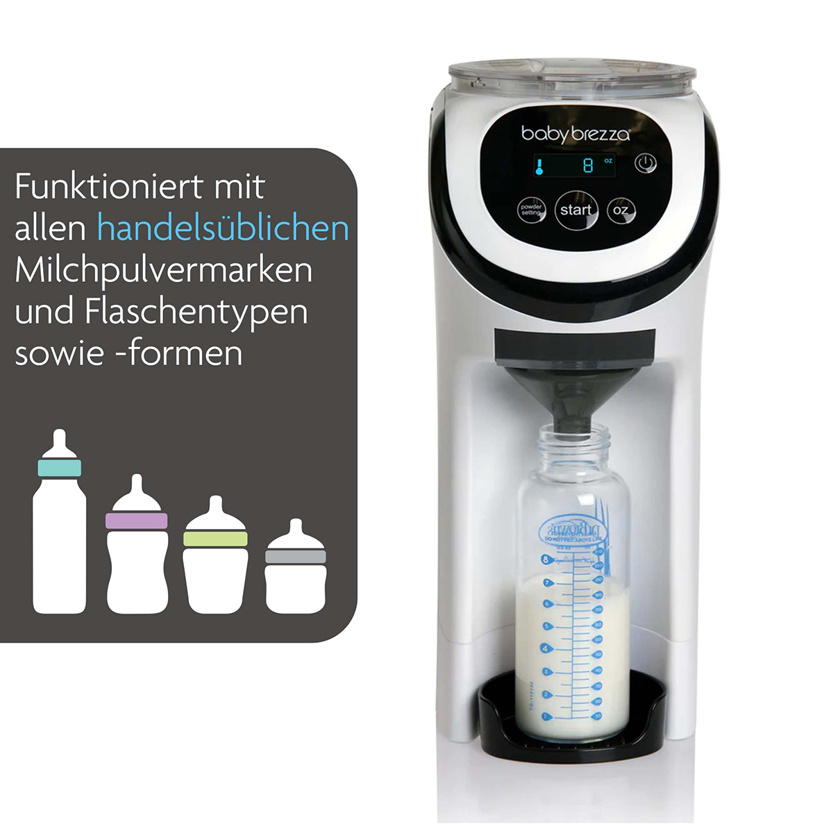 Babyflaschenzubereiter mit Flaschenfüllung, umgeben von Babyflaschen für verschiedene Typen.
