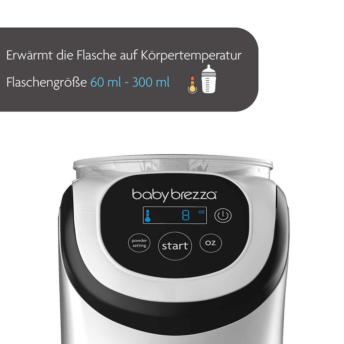 Weißer Babyflaschenwärmer mit Digitalanzeige und Flaschensymbol.