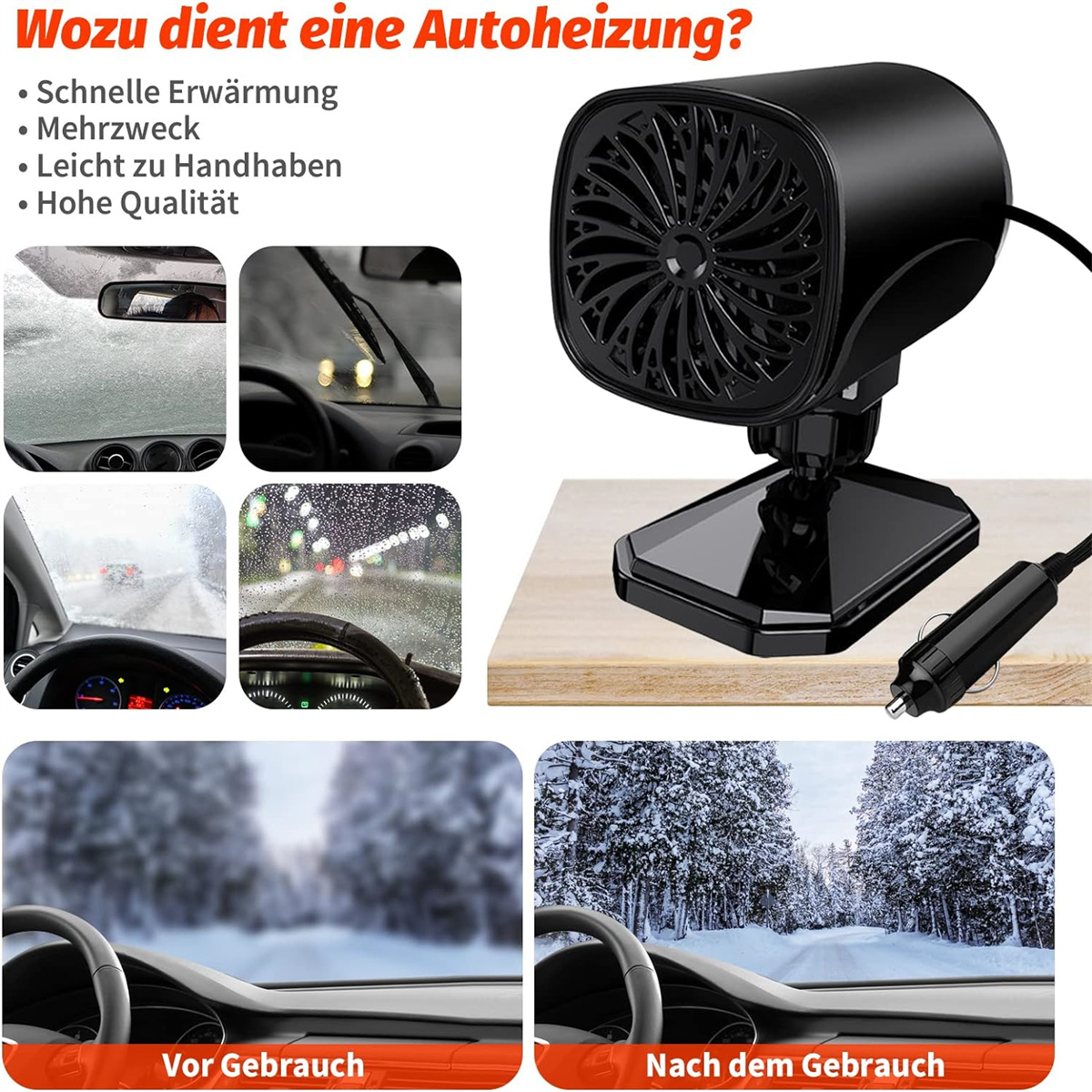 Eine schwarze Autoheizung mit Bildern vor und nach Gebrauch, die eine Windschutzscheibe zeigen.