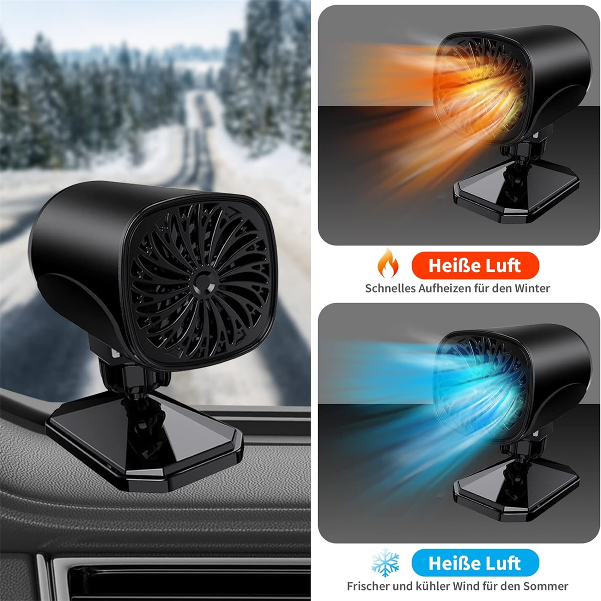 Ein schwarzer Ventilator mit zwei Anwendungsbeispielen: Heiße Luft und kühle Luft, mit einer Winter- und einer Sommerszene.