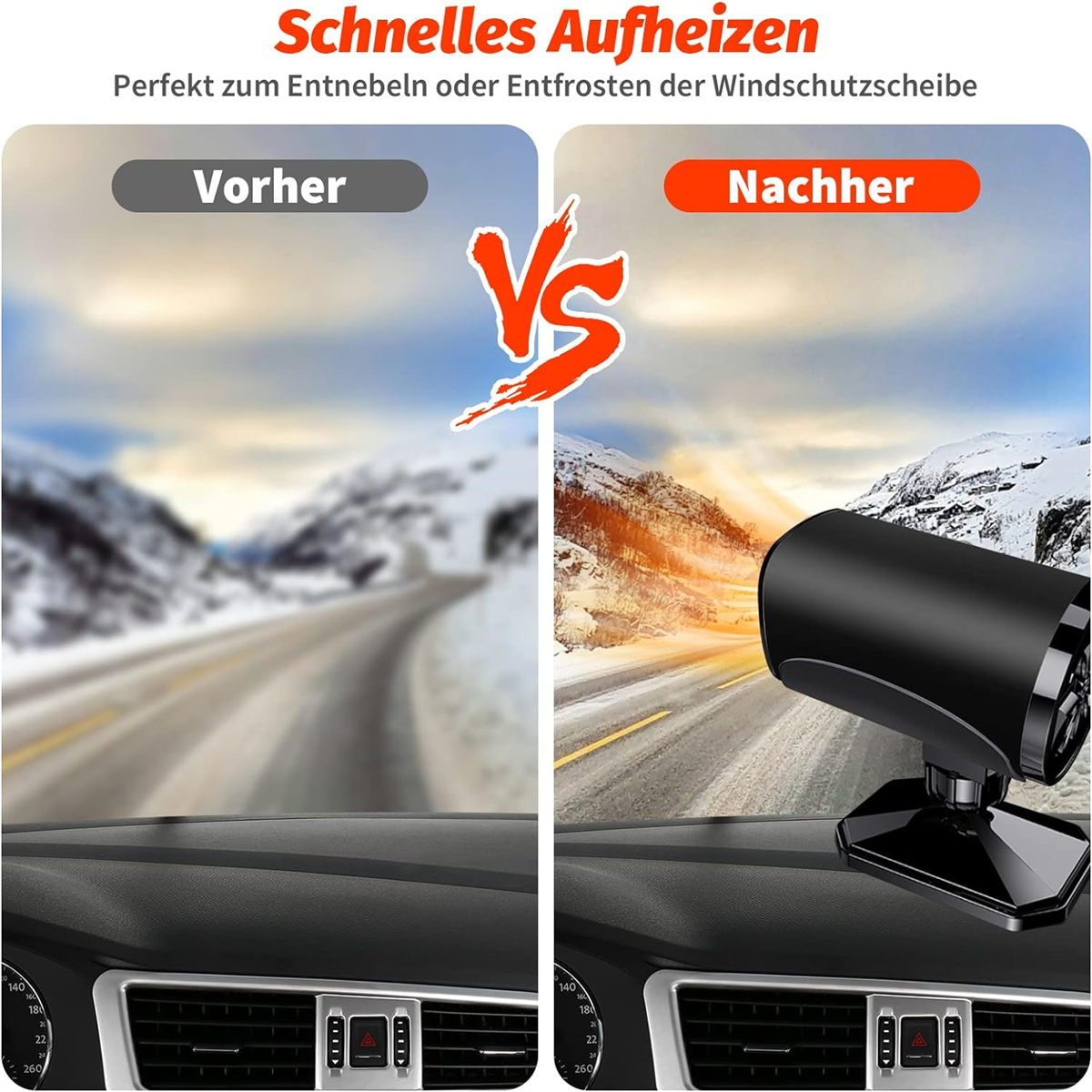 Armaturenbrett mit Enteiser in Gebrauch, Vorher-Nachher-Bilder.